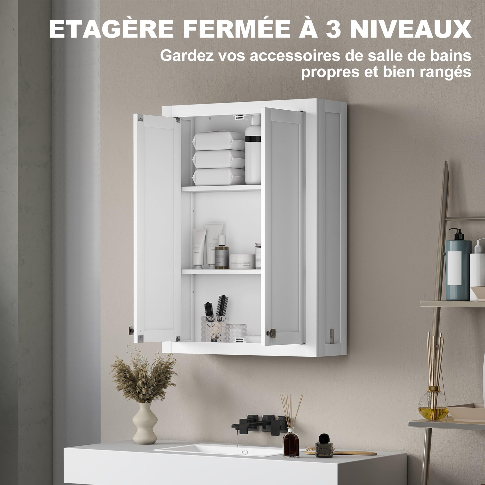 HOMCOM Armoire Murale de Salle de Bain 3 Niveaux, Meuble de Rangement Suspendu pour Salle de Bains avec 2 Portes et étagère réglable, Meuble WC Suspendu, 61 x 20 x 84 cm, Blanc