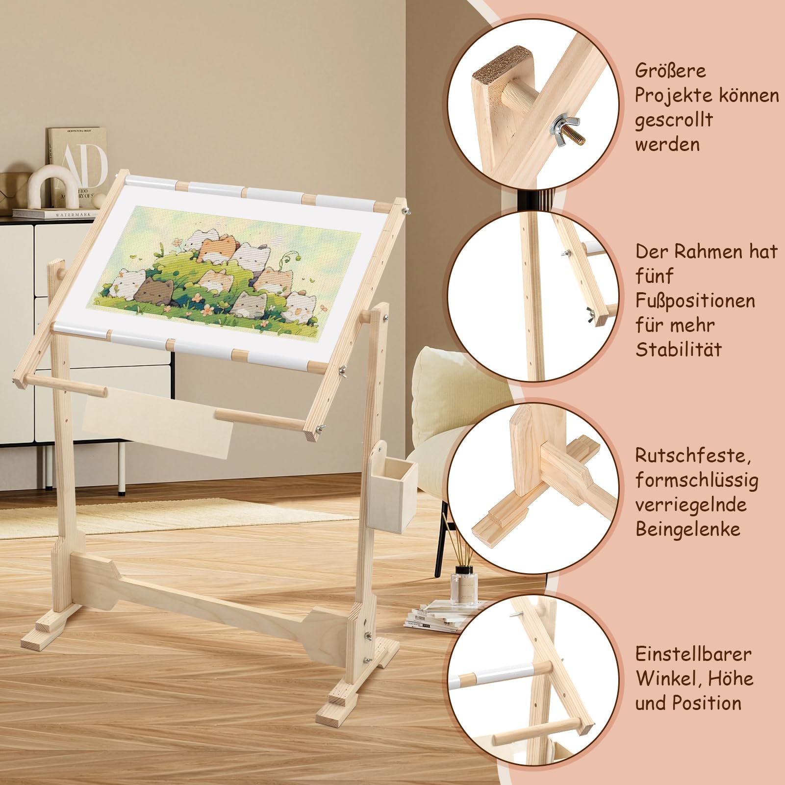 14CT - Soporte de Bordado Ajustable de Madera Para Marco de Punto de Cruz