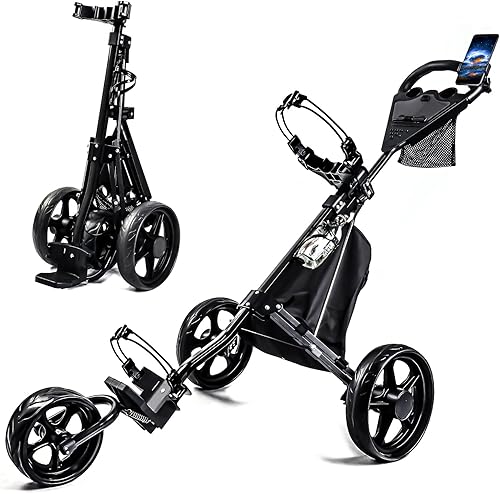 HOW TRUE Carrito de golf, carrito de golf plegable de 3 ruedas con freno de pie y soporte para teléfono y bolsa térmica impermeable, portátil,