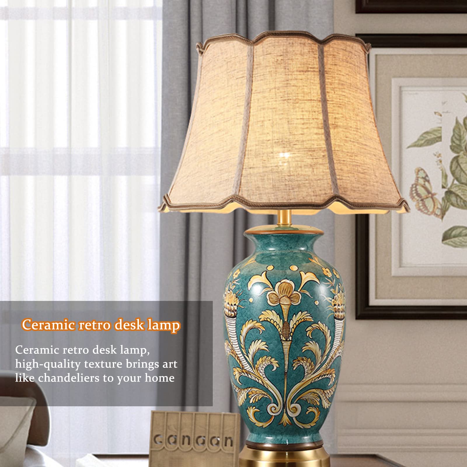 Lampada da tavolo in ceramica, dipinta a mano, design asiatico con motivo floreale e uccello, elegante decorazione per la casa per camera da letto, soggiorno, studio, paralume a campana con rami alti