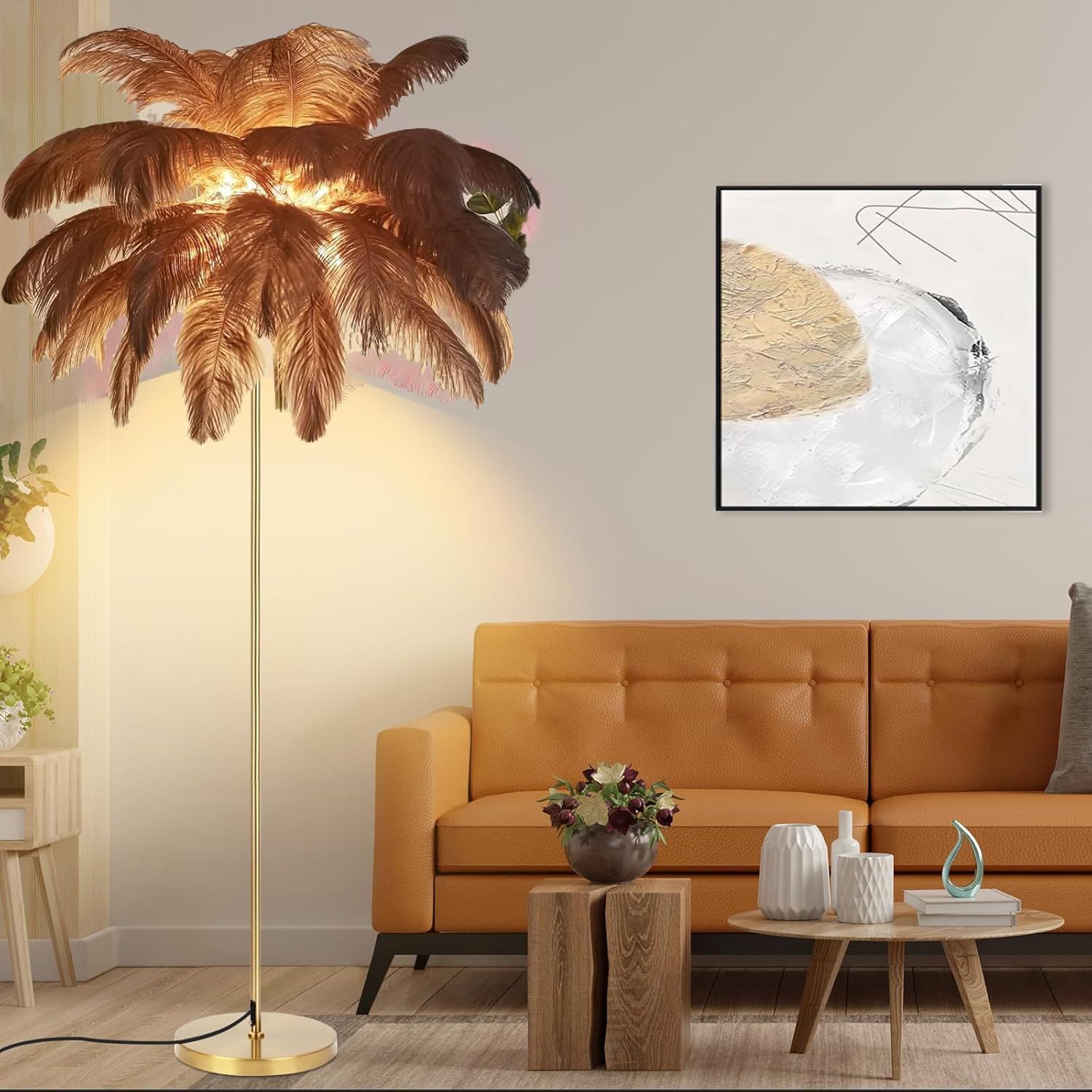 YCKJXSMA Federlampe Stehlampe, Moderne 160cm Große Straußenfeder-Stehlampe, Gold Stehleuchte mit Federn Lampenschirm, 3-farbig Dimmbar, mit Knopfschalter Dekorbeleuchtung (Khaki)