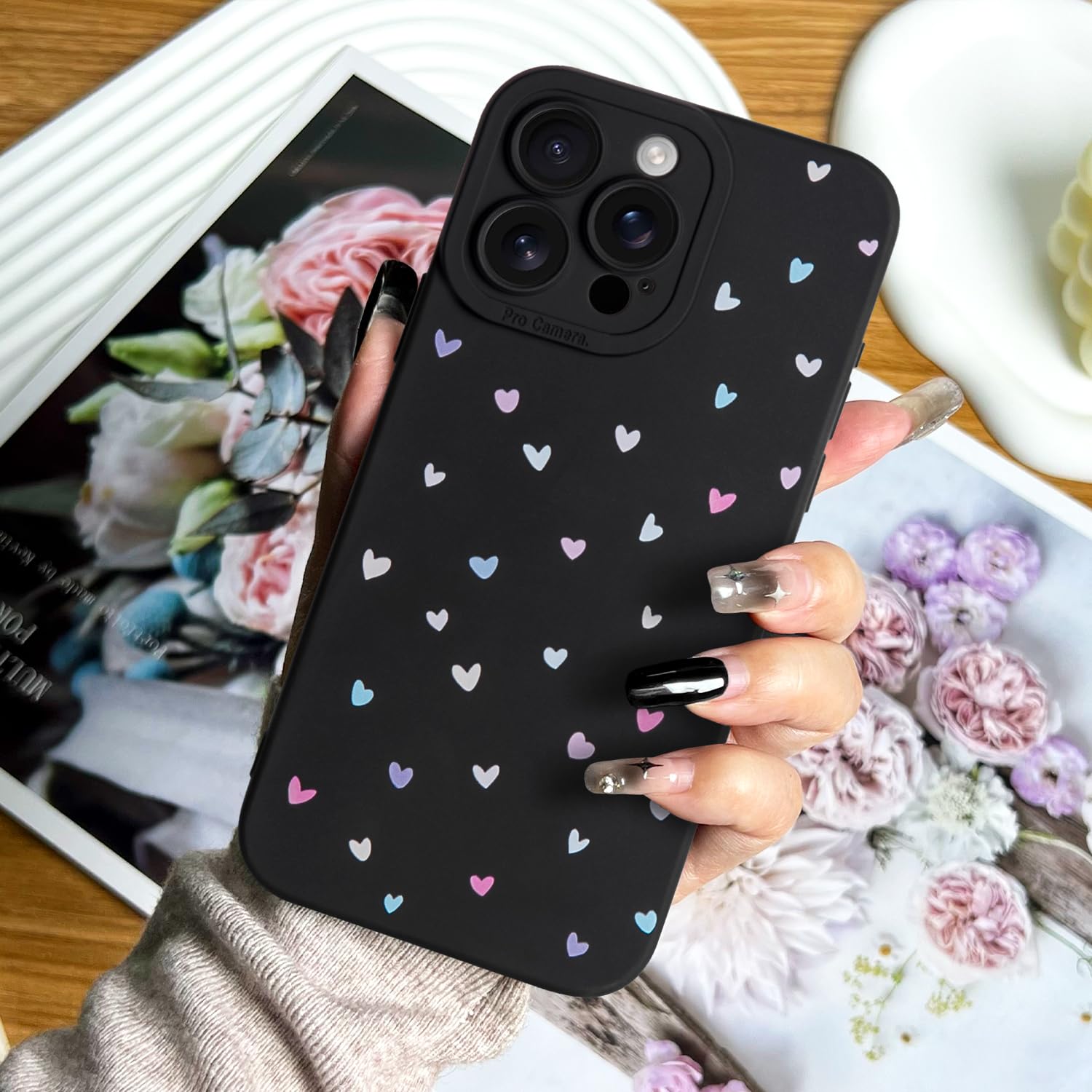 iPhone15 / black 【dress HEART 】 Black Cute Heart Phone Case for iPhone 15, Colorful Heart Pattern