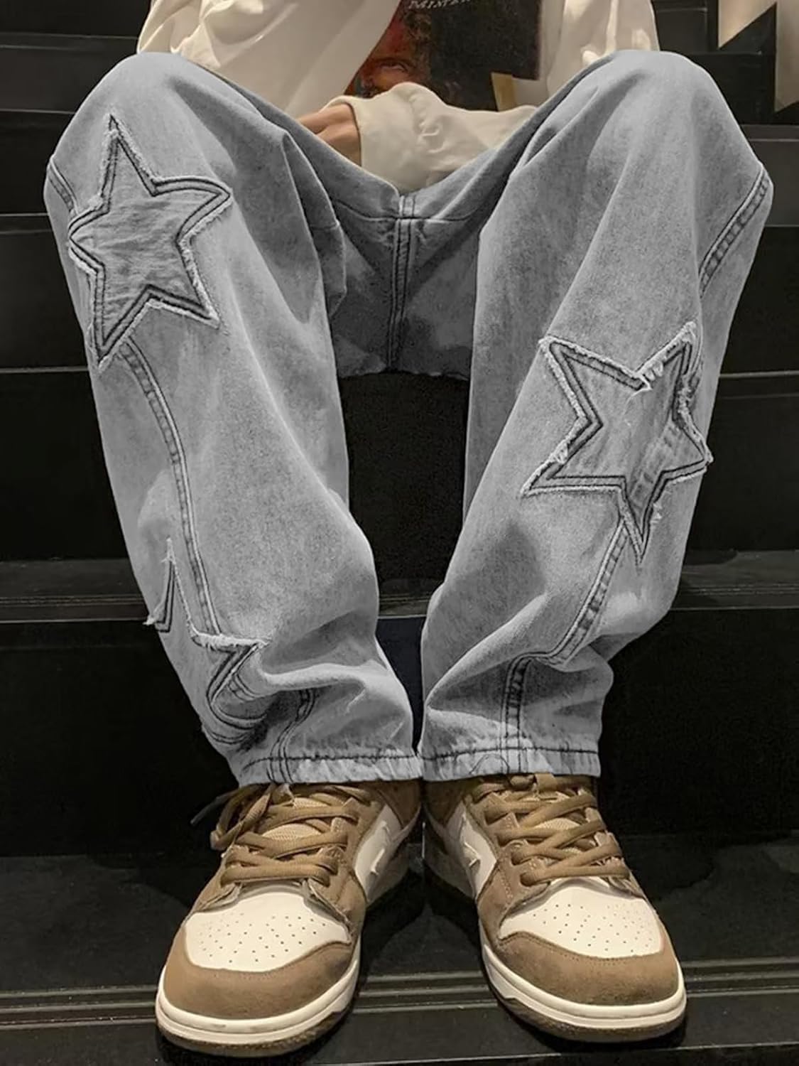 Mens Y2k Star Jeans High Waisted Hip Hop Streetwear Jeans Loose Baggy Embroidery Aesthetic Harajuku Denim Pants - Image 3