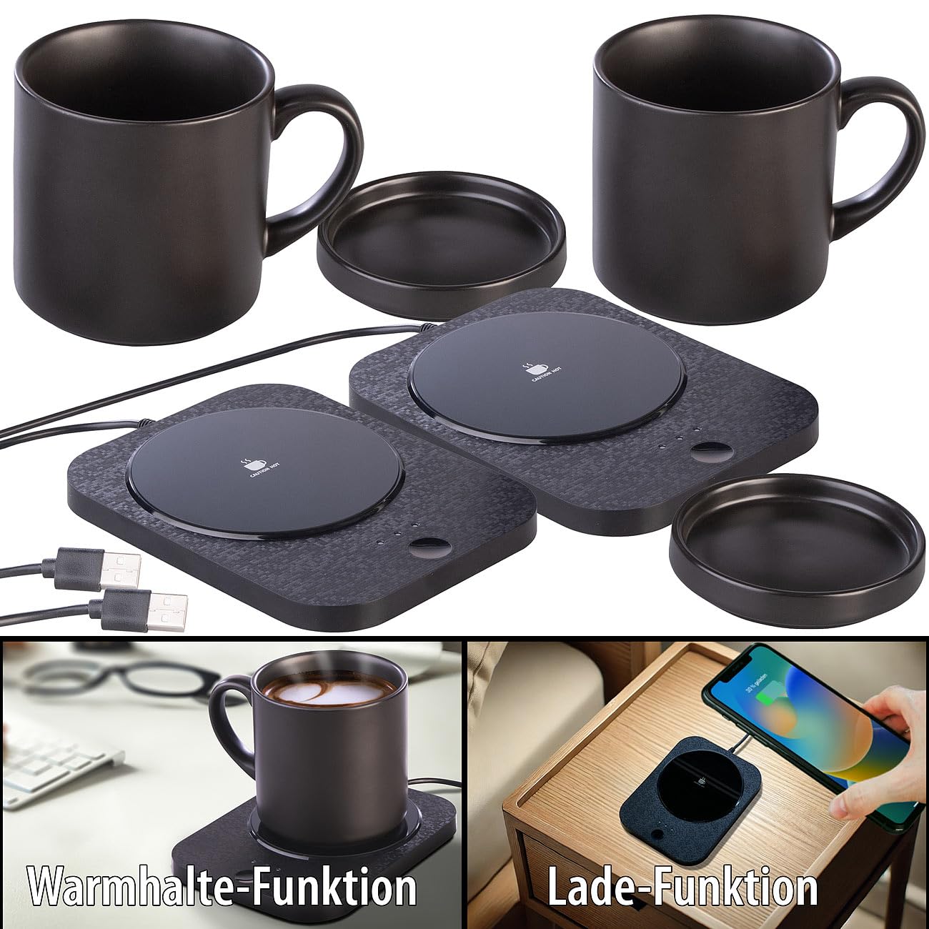 PEARL scalda tazze tazza: scaldacaffe USB 2in1 con stazione di ricarica compatibile Qi, con 15 watt, fino a 55 °C (scaldacaffè usb tazze, scalda da tavolo, 6s)