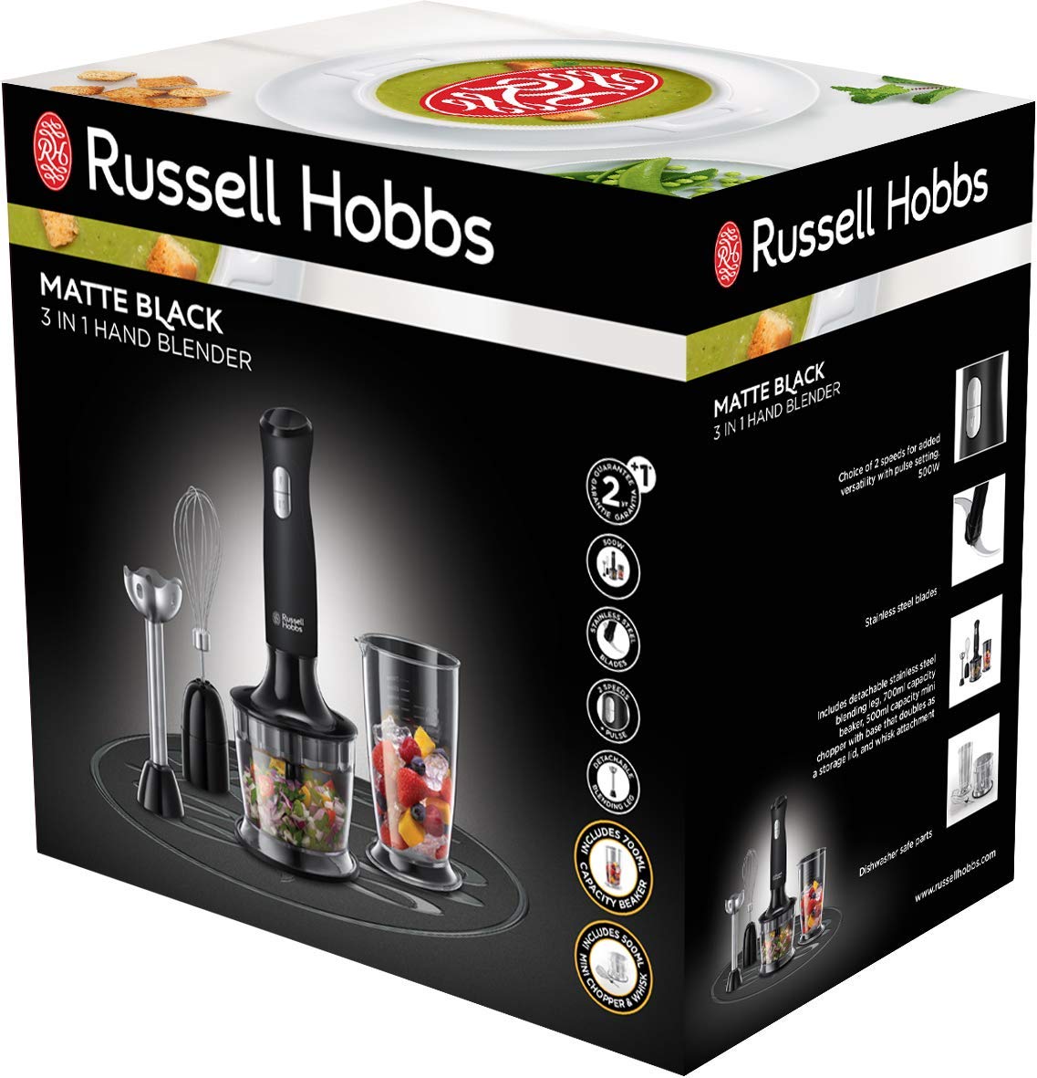 Russell Hobbs Mixeur Plongeant Multifonction 3en1 500ml, Mélange, Hache, Fouette, Mixe - Noir 24702-56 Matte Black & Presse Agrumes Electrique, 2 Sens Rotation, 2 Cônes Interchangeables