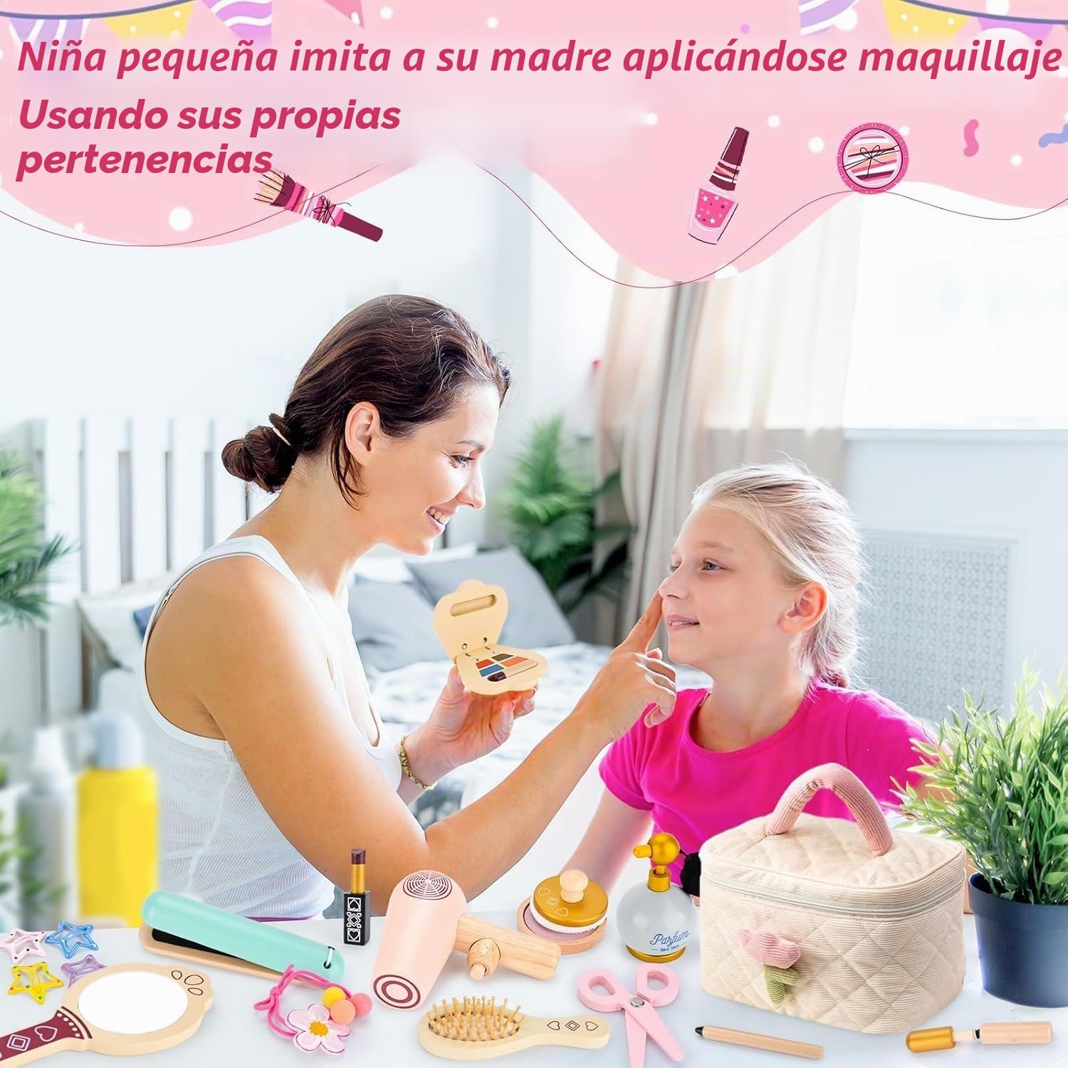 Set Maquillaje de Madera Niña,Set Maquillaje Niñas,Juguete con Neceser de Maquillaje,Conjunto de peluquería,Maquillaje Juguete de Madera,Juego de Roles,Regalo para niñas de 3 4 5 6 7 8Años