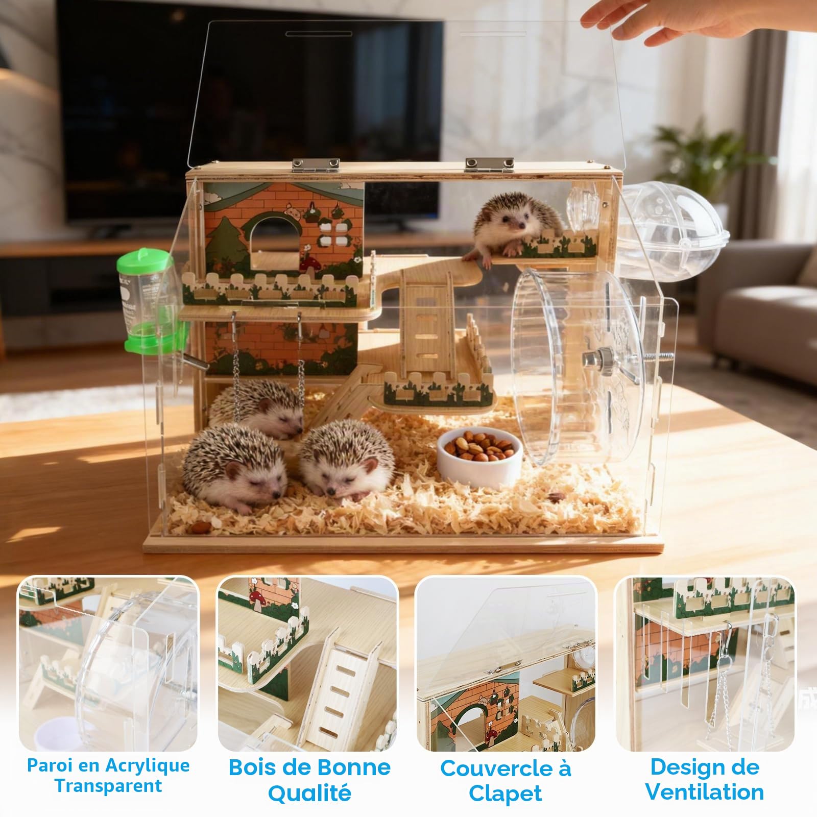 Cage en Bois pour Hamster, Habitat avec Vue à 270° | Une Cage à Hamster Bien Aérée, Avec Panneaux Acryliques Bien Visibles, Cage Ventilée pour Petits Animaux (Gerbilles, Cobayes)