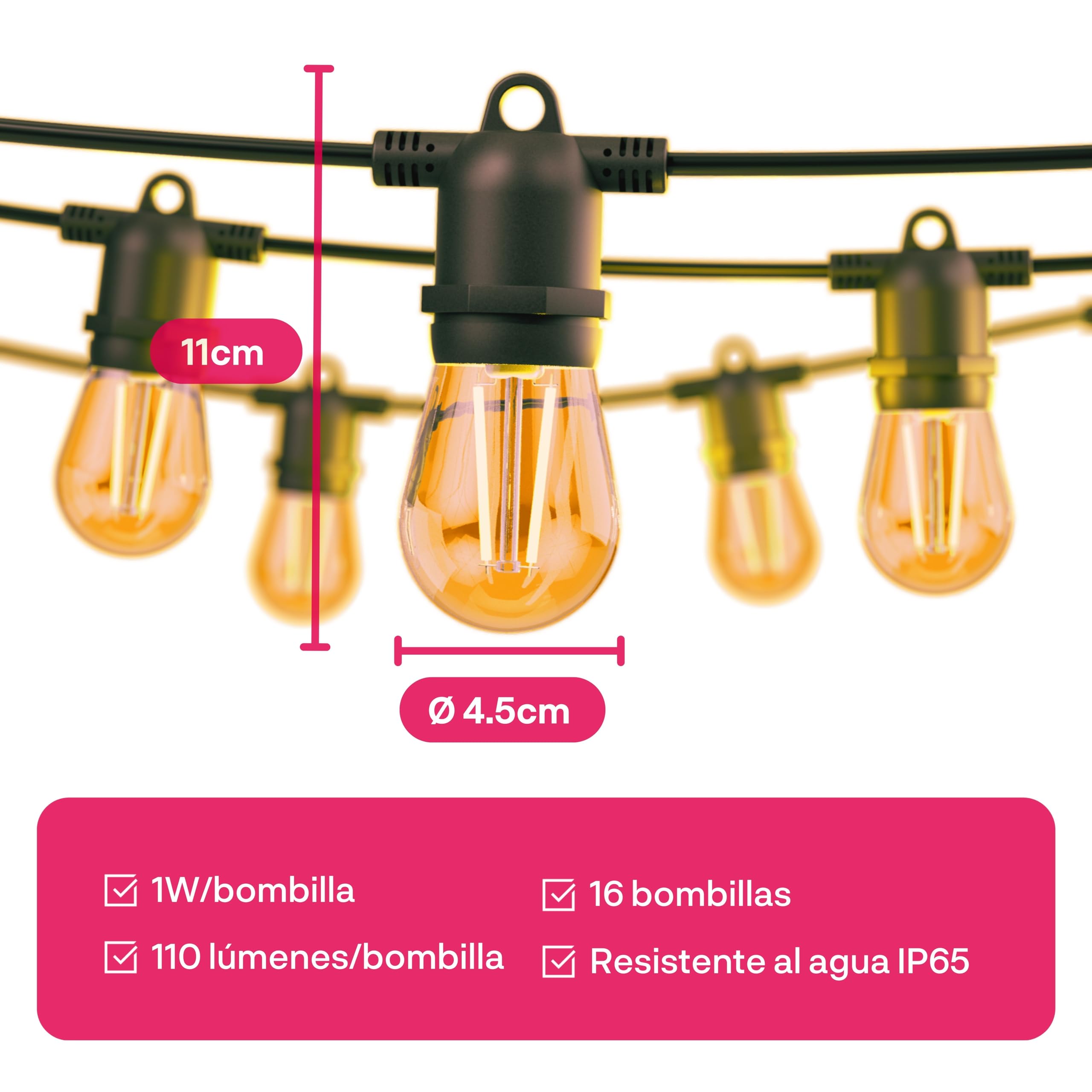 innr Guirnalda para Exterior 8 m, 16 bombillas, para Hue* y hubs Zigbee | Luz LED Blanco cálido (2200 K), regulable, luces para terraza y jardín, Kit completo