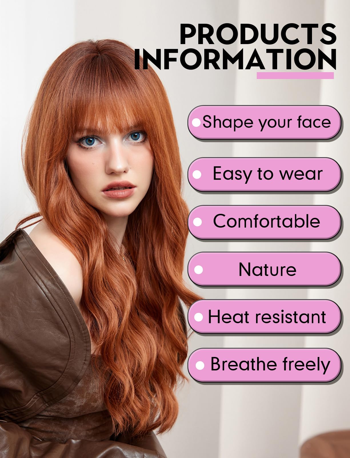 WOKESTAR Long Red Ginger Wigs for Women Synthetic Hair Wavy Wig with Fringe, average size - Image 2