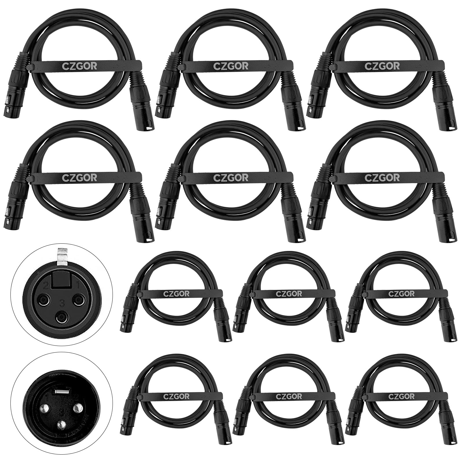 DMX Cable 3.2 ft, 12 Pack Flexible 3 Pin Signal XLR Male Female Wire