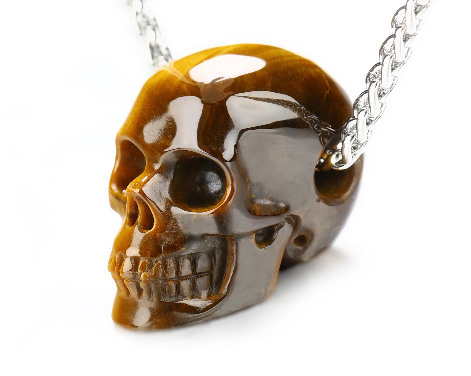 Skullis Necklace of Quartz/Black Obsidian Hand Carved Gem Crystal Skull Pendant for Men Women, Handmade One of A Kind Gift, Crystal Healing Skull Jewelry On The Go.: Gold Tiger's Eye