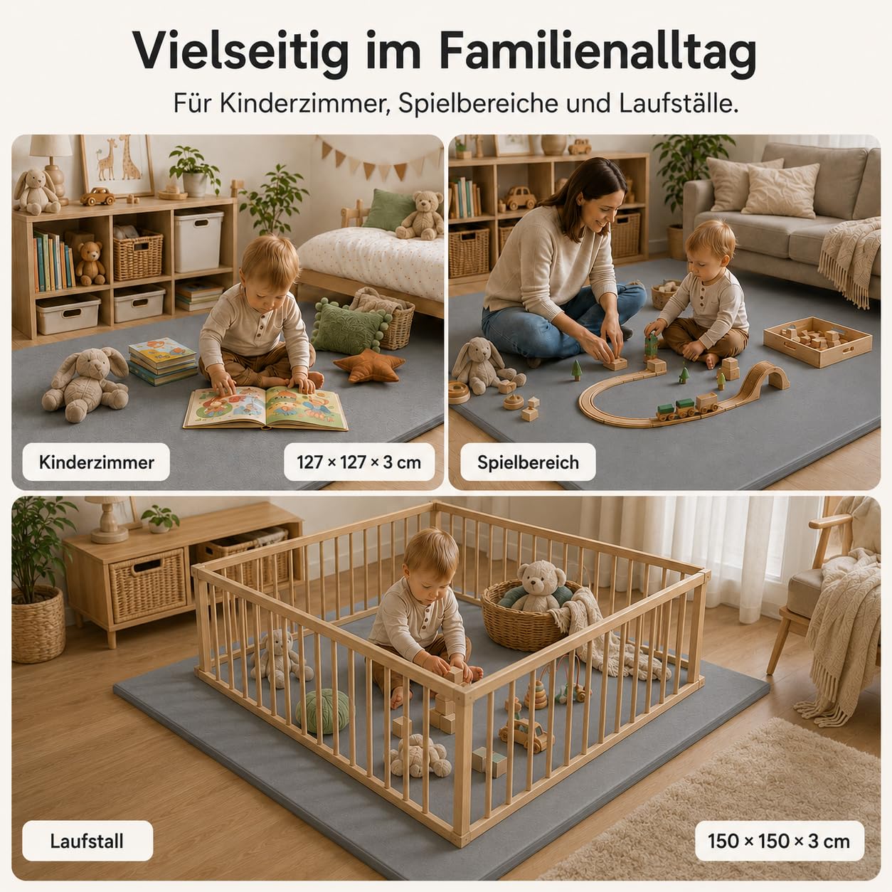 jxgzyy Tappetino per gattonare per bambini, double face, 150 x 150 x 3 cm, in pelle PU impermeabile e morbido peluche corto, con spesso nucleo in memory foam, grigio