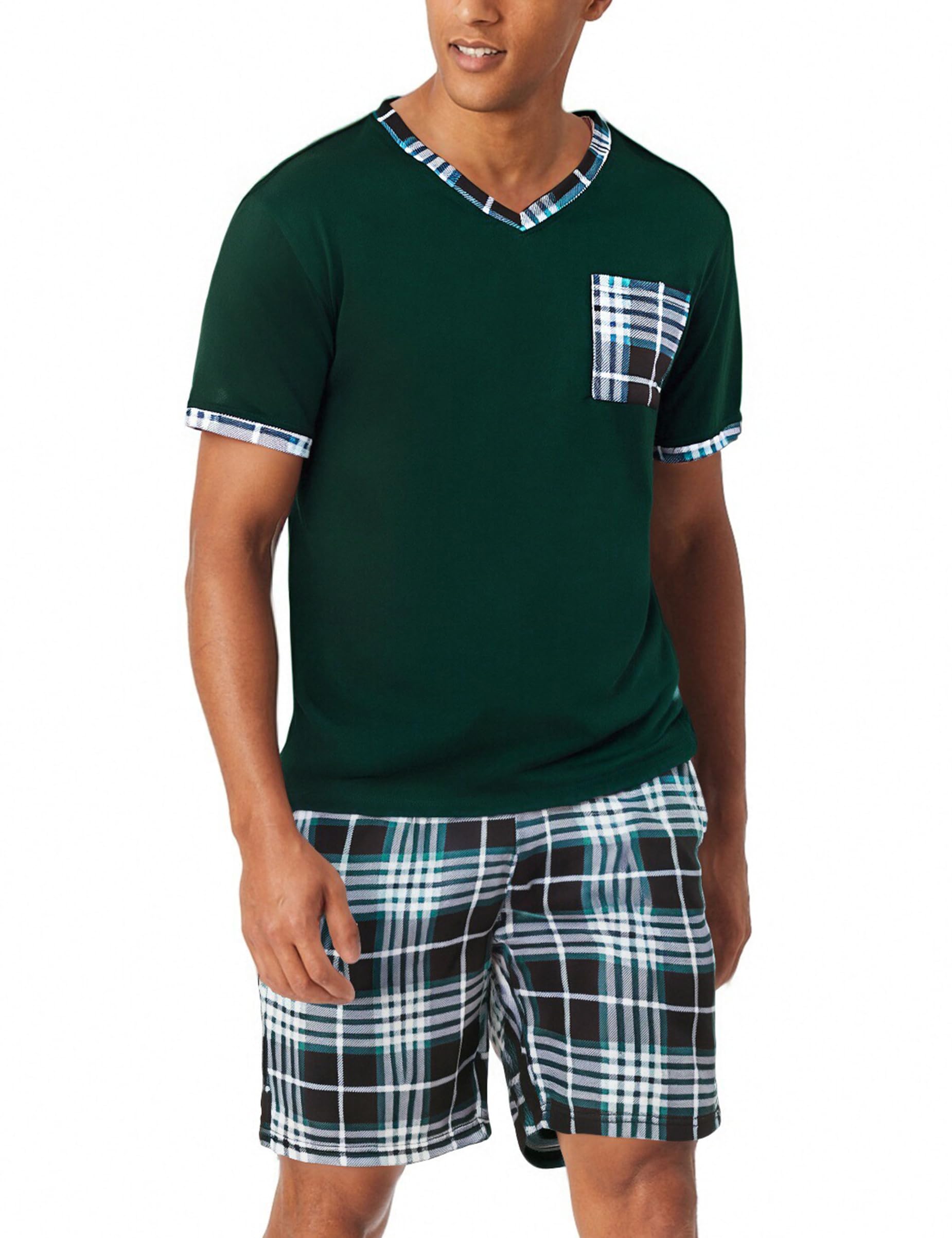 Aseniza Herren Schlafanzug Kurz Baumwolle Sommer Pyjama V-Auschnitt Zweiteilige Pyjamas Nightwear Set mit Kurzarm T-Shirt und Karierter Schlafanzughose