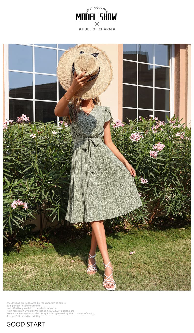 Abito Vestito con Scollo A V Pieghettato Stampato Verde Stampato Verde