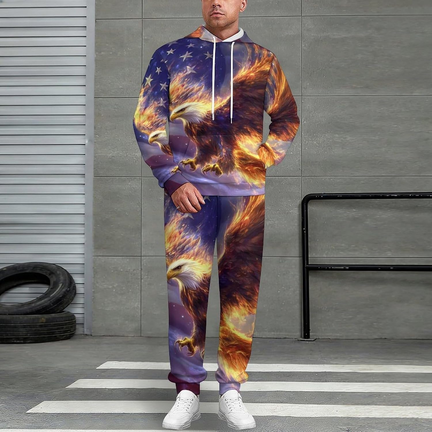 US Ea-gles Flag Men's Hooded Set Casual 2 Pieces Suits Pullover Tracksuit Hoodies And Sweatpants