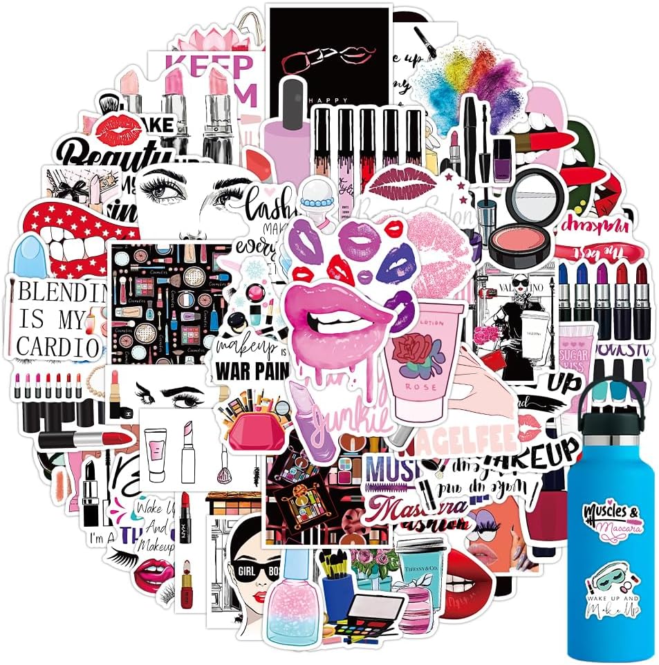 102pcs Makeup Stickers for Water Bottle，Cute Girl Vinyl Waterproof Cosmetology Sticker for Laptop，Skateboard，Phone Case，Beauty Decals Gifts for Kids Teens Adults for Party Favors Supplies Decor