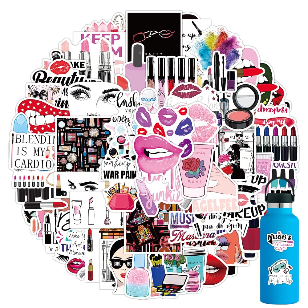 102pcs Makeup Stickers for Water Bottle，Cute Girl Vinyl Waterproof Cosmetology Sticker for Laptop，Skateboard，Phone Case，Beauty Decals Gifts for Kids Teens Adults for Party Favors Supplies Decor