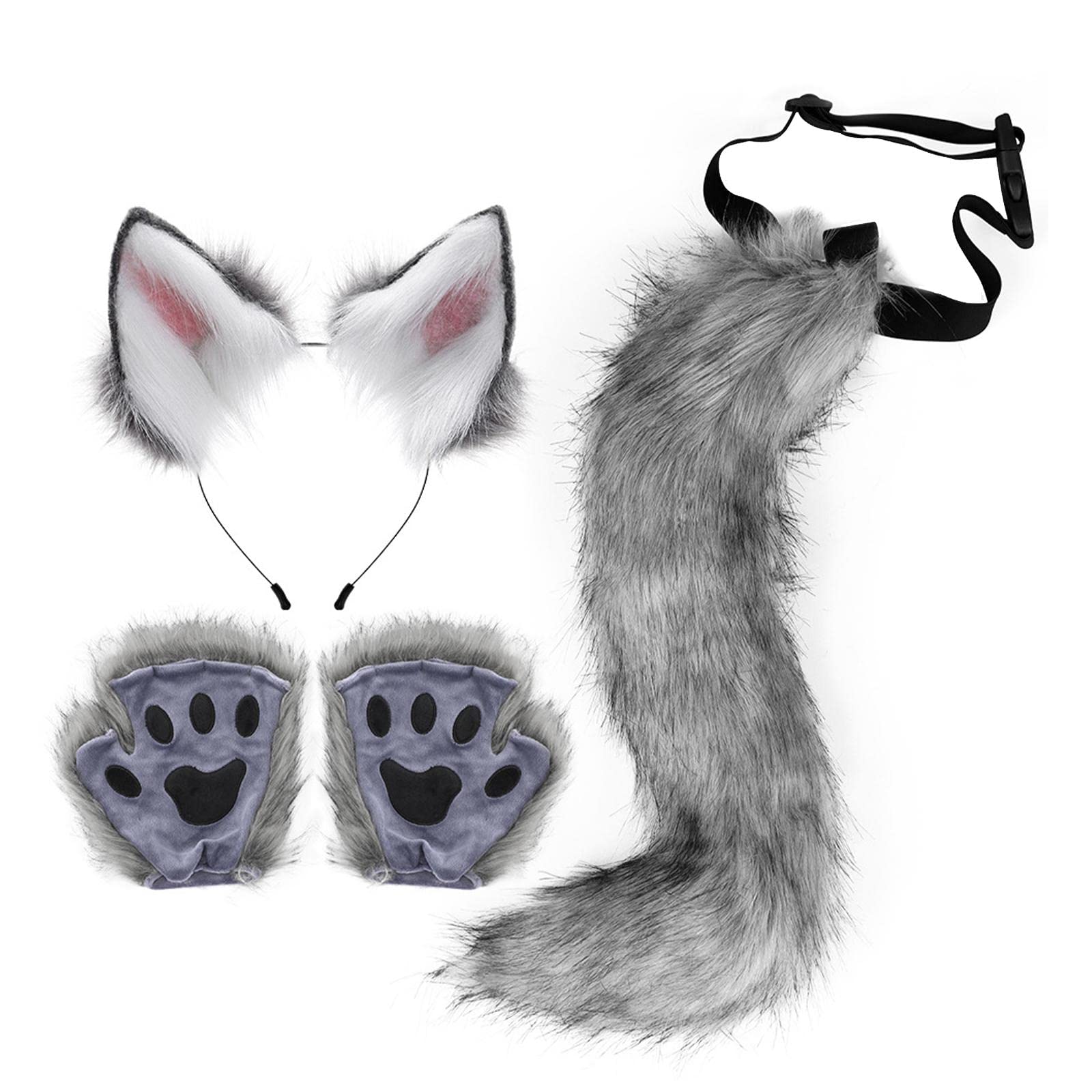 Cosplay Kostüm Set Plüschohr Haarreif Schwanz Spielzubehör mit Mitten Verkleidung für Damen Und Kinder für Kostümfest Bühnenaufführung Rollenspiel Fei, dunkelgrau