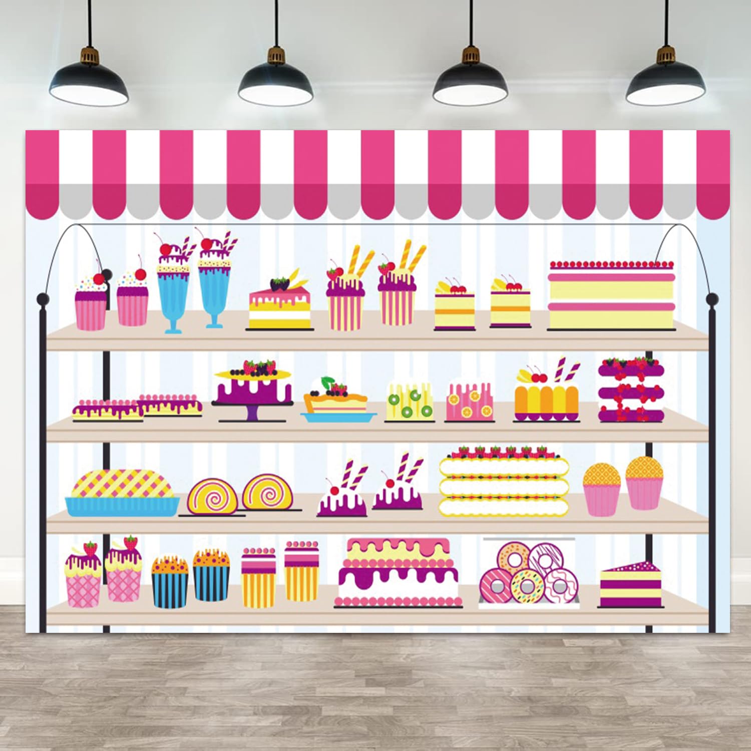ASDCXZ 7x5ft Cartoon Cake Shop Backdrop Bakery Sweet Cupcake Donut Photography Background Dessert Shelves Baby Shower Kids Birthdays Banner