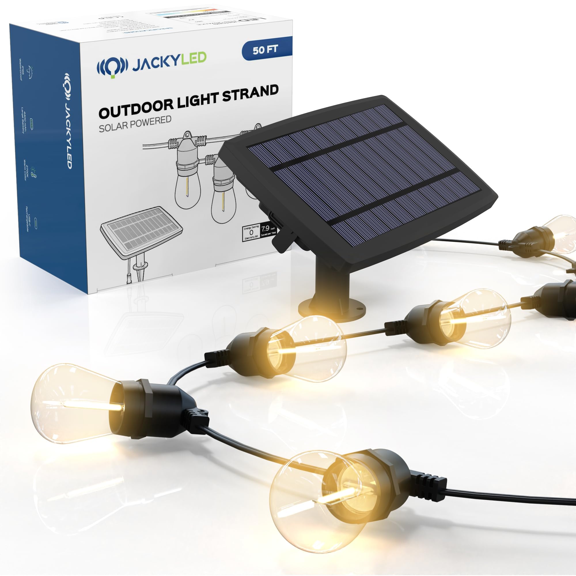 JACKYLEDOutdoor String Lights Solar Powered, 50FT Solar String Lights for Outside, Waterproof LED Edison Bulbs Patio Lights with USB Port, IP65 Commercial Grade Light Strand, Warm White