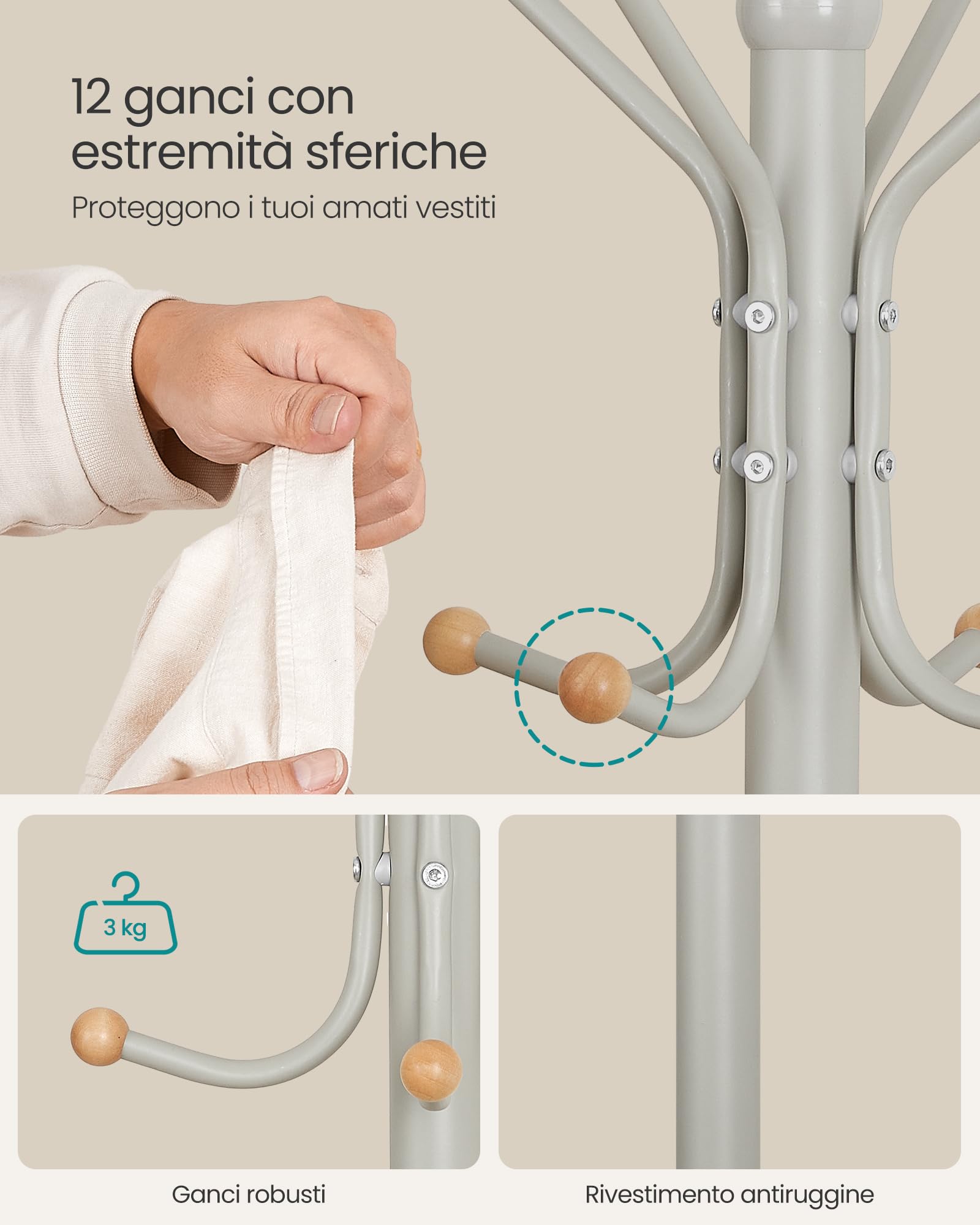 SONGMICS Appendiabiti da Terra, Attaccapanni Autoportante in Metallo, Altezza 182 cm, 12 Ganci, per Vestiti, Cappelli, Borse, Beige Cappuccino RCR019K01