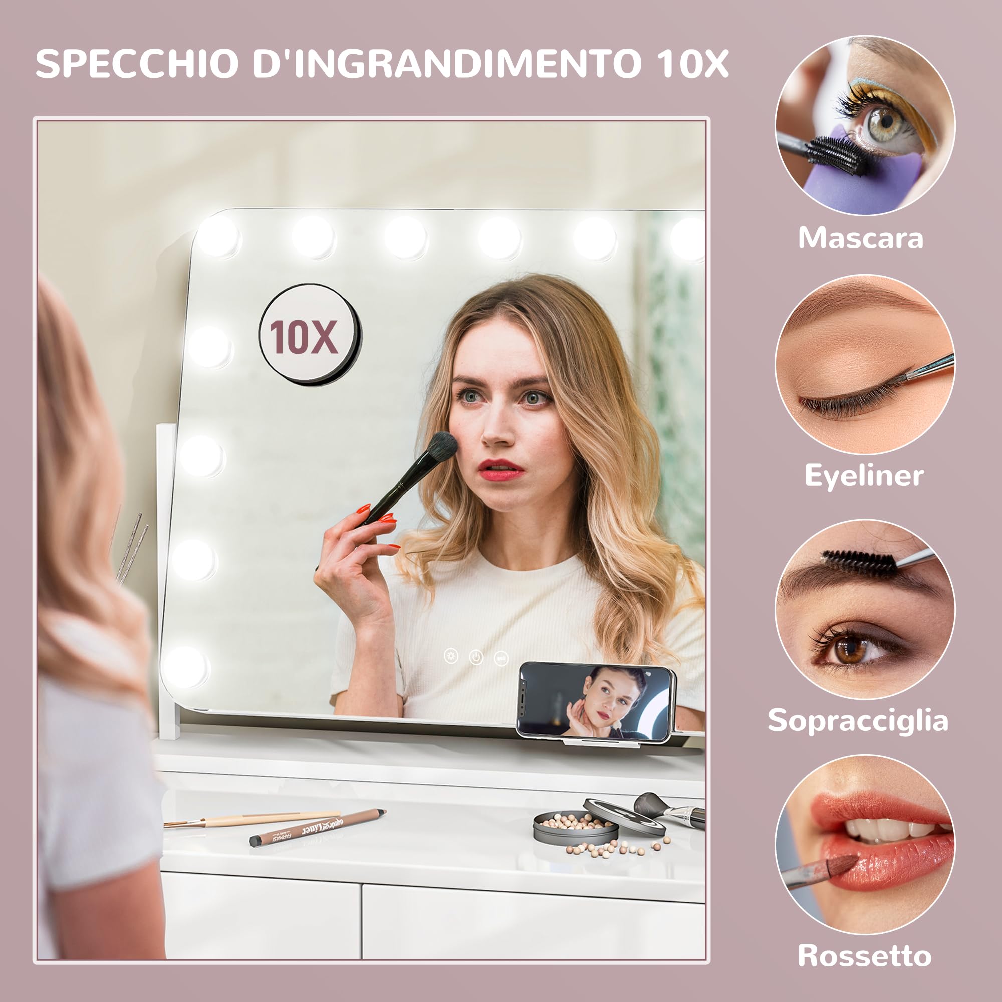 HOMCOM Specchio Trucco con Luci 15 LED 58x46cm Luminosità Regolabile | Ricarica USB, Hollywood 3 Colori Luce, Schermo Touch, Supporto Telefono, Ingrandimento 10X, Rotazione a 360°