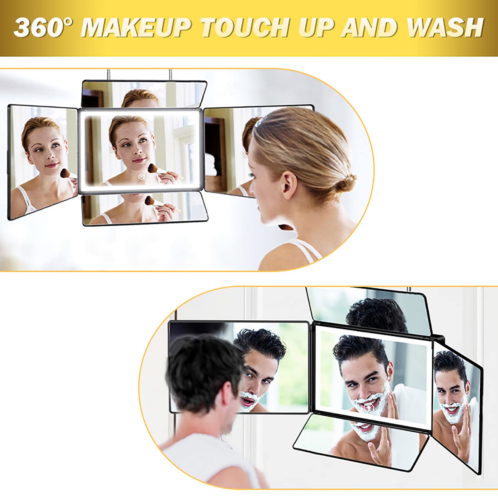 Espejo de maquillaje ajustable de 5 vías, herramienta de corte de pelo con gancho retráctil, atenuación continua, ver la parte posterior de la cabeza, 200 caracteres máx