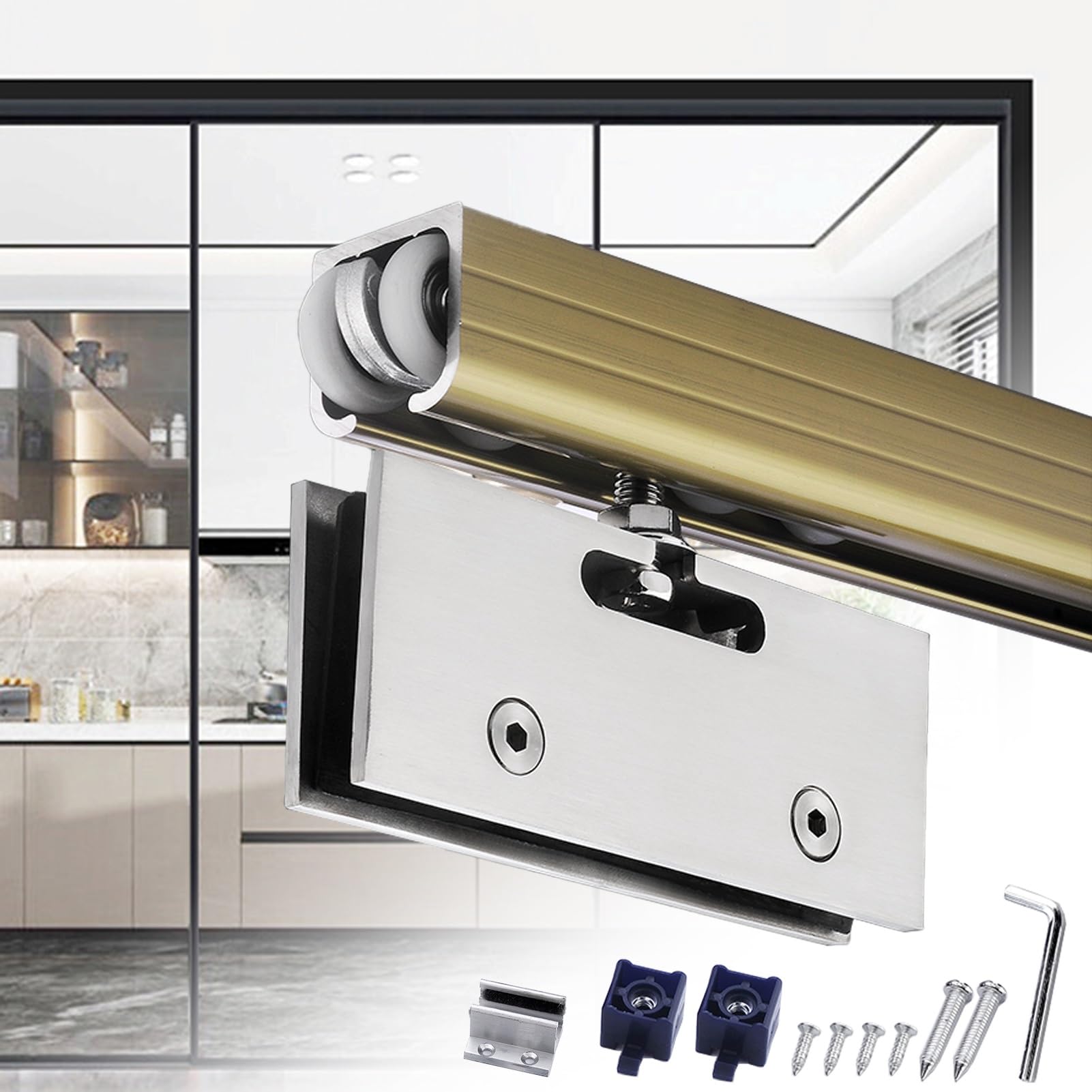 PALSINBY Sliding Glass Door Track Kit, Sliding Patio Glass Door Hardware Kit For 0.39-0.47 in(Champagne,38in (96.5cm))