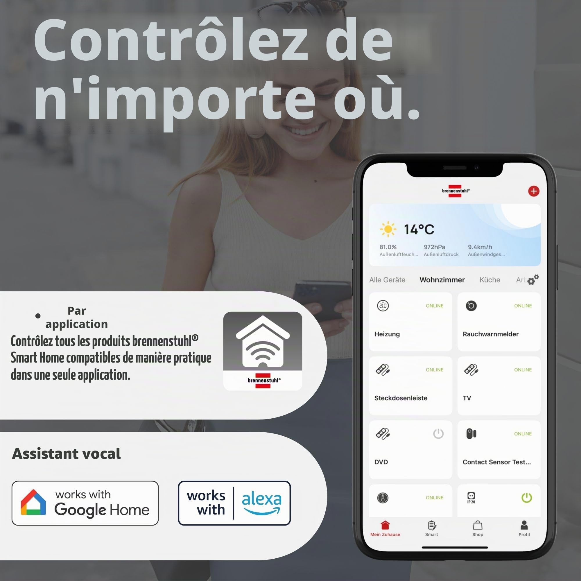 Brennenstuhl Connect WiFi Projecteur LED WF 2051 P (24 W, 2800 lm, IP54, plusieurs fonctions d'éclairage réglables via l'application, spot d'extérieur pour montage mural avec détecteur de mouvement)