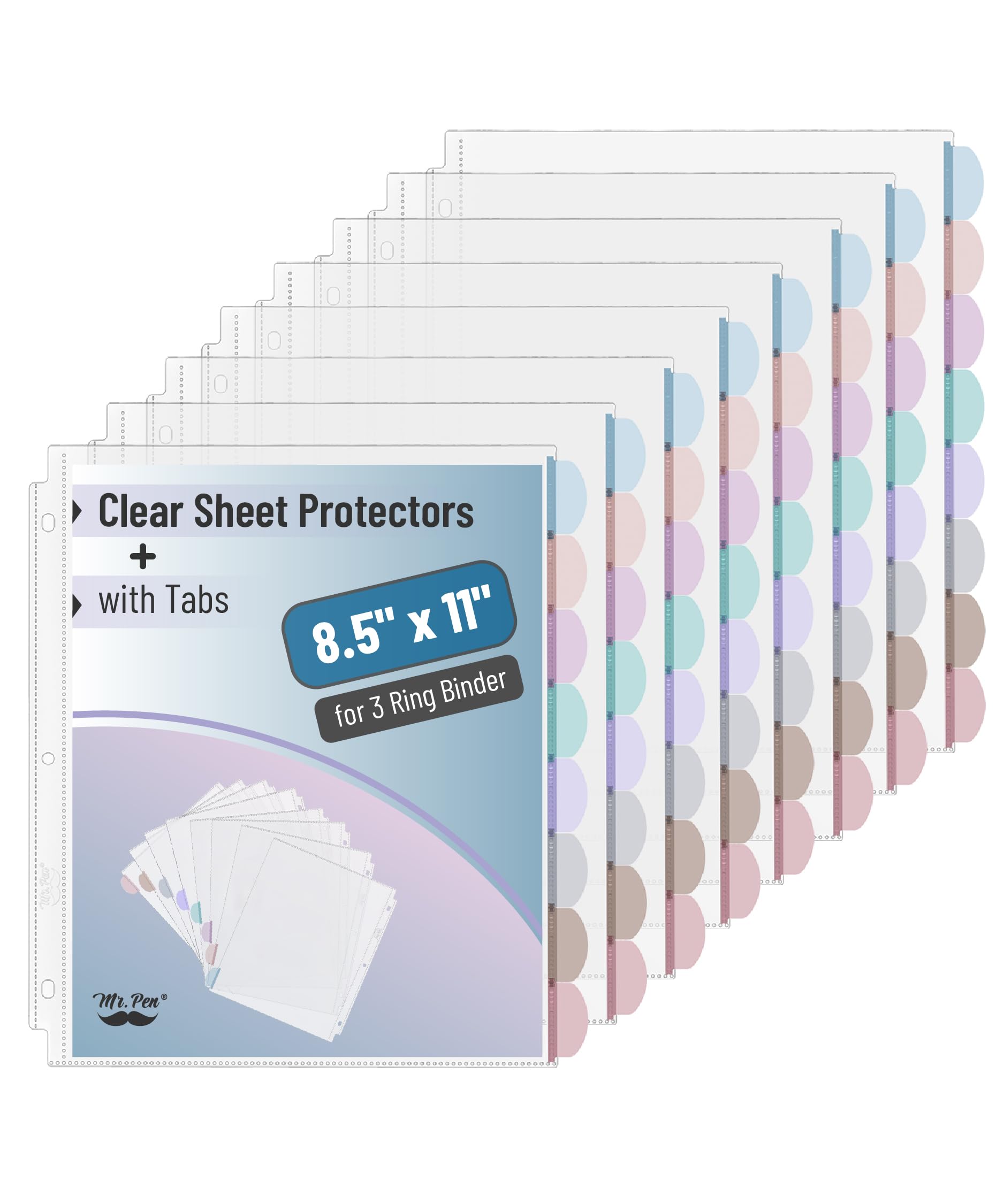 Mr. Pen- Clear Sheet Protectors with Tabs, 8 Tabs, 8 Sets, Clear Plastic Dividers for 3 Ring Binder, Insertable Index Page Divider Multicolor Tabs