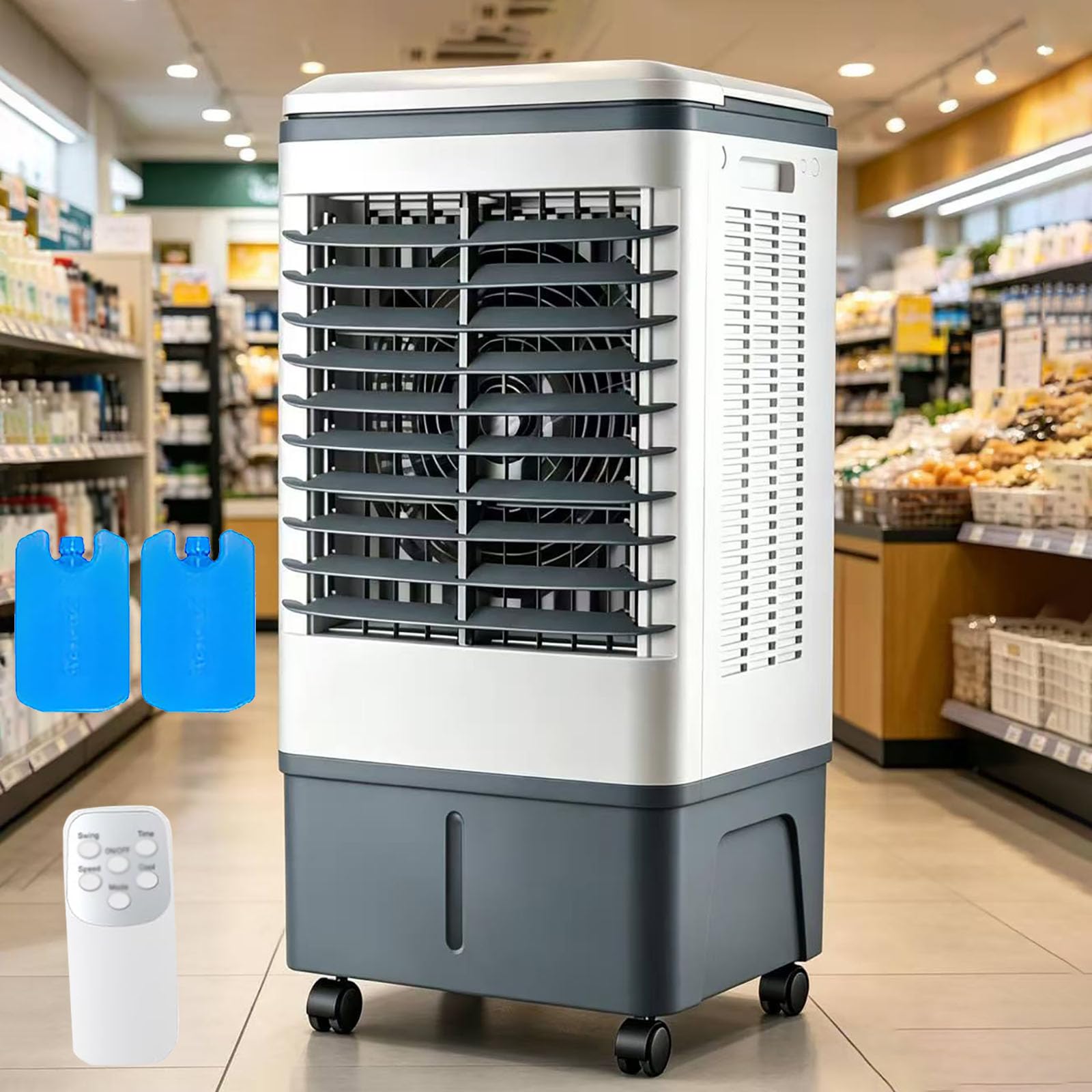 MESCXTY Evaporative Air Cooler, 20L Portable Cooler with 3 Fan Speeds, 2 Ice Packs, Remote Control & 7.5H Timer, LED Display, Humidifying Oscillating for Home Office (White)