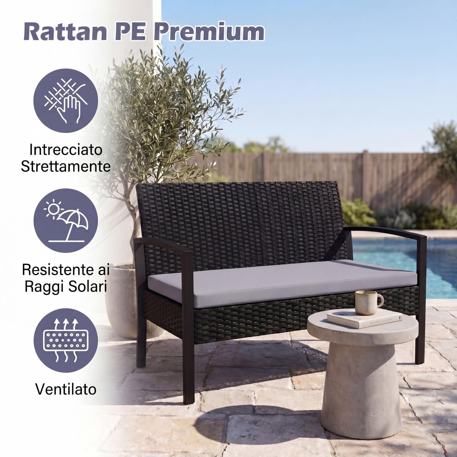 SOARS Set di Salotto da Esterno in Rattan PE, Divano 2 Posti, 2 Poltrone, Tavolino Vetro Temperato, Cuscini, Grigio