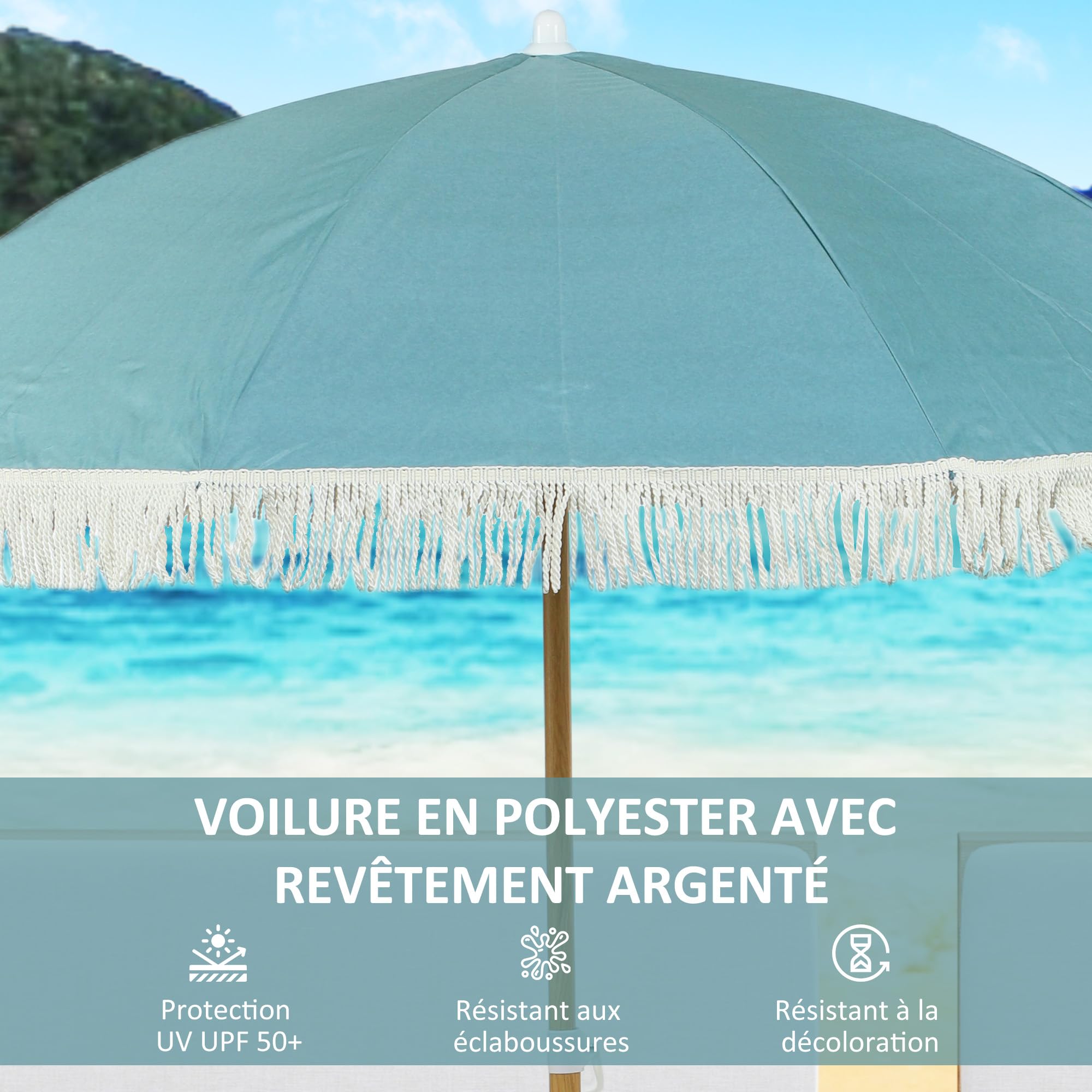 Outsunny Parasol de plage mât effet bois Ø 1,7 m, grand parasol à franges réglable en hauteur, avec protection solaire UPF50+, légère sac de transport inclus, bleu clair
