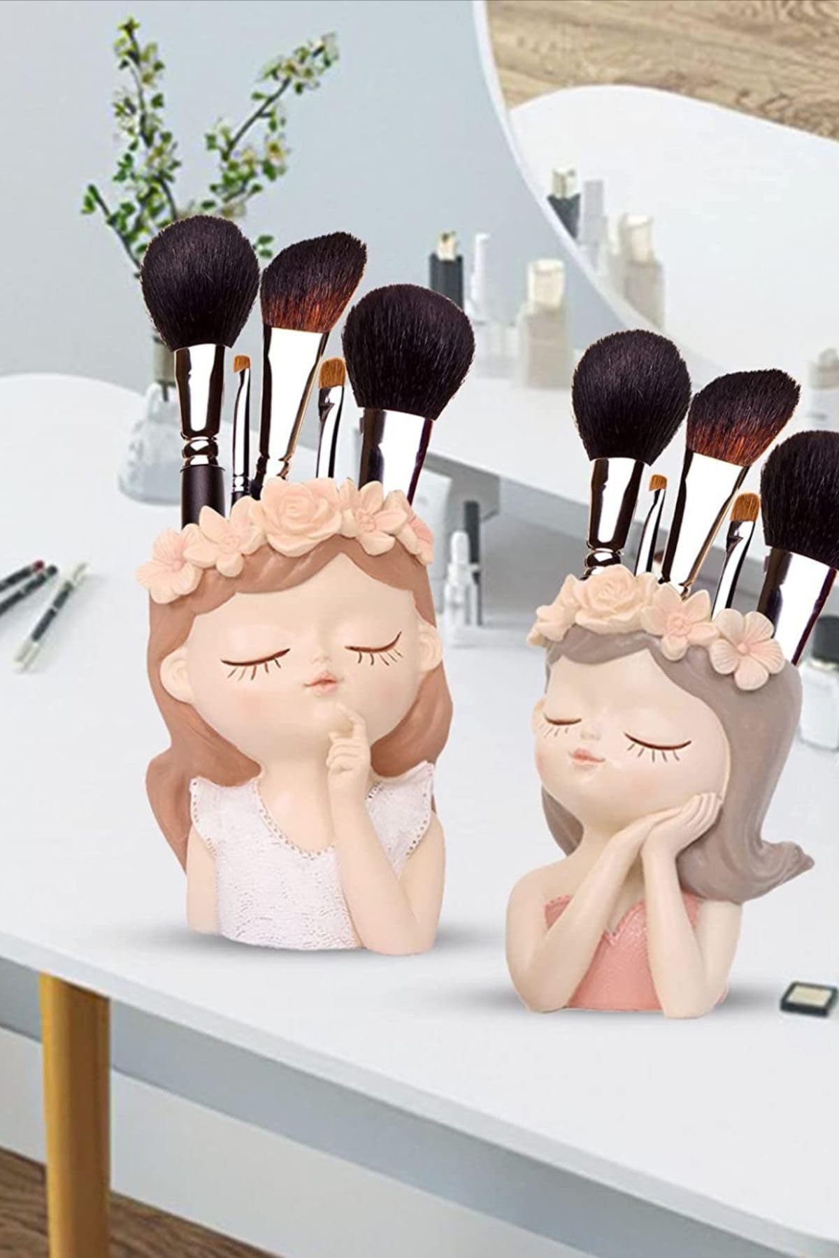 SSE Resin Girl Figurine Makeup Brush Holder Set of 2 | Cute Flower Crown Cosmetic Brush Organizer | Decorative Vanity Storage Cup for Makeup Brushes, Pens & Accessories-image-34