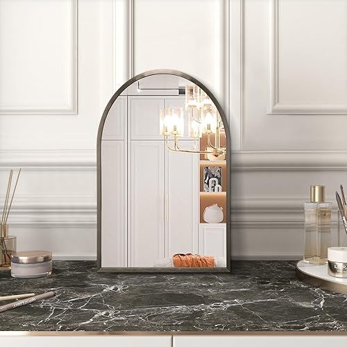 Miniatura 53 de Espejo de pared arqueado negro con marco de aleación de aluminio, espejo de baño de metal cepillado, espejo montado en la pared para sala de estar