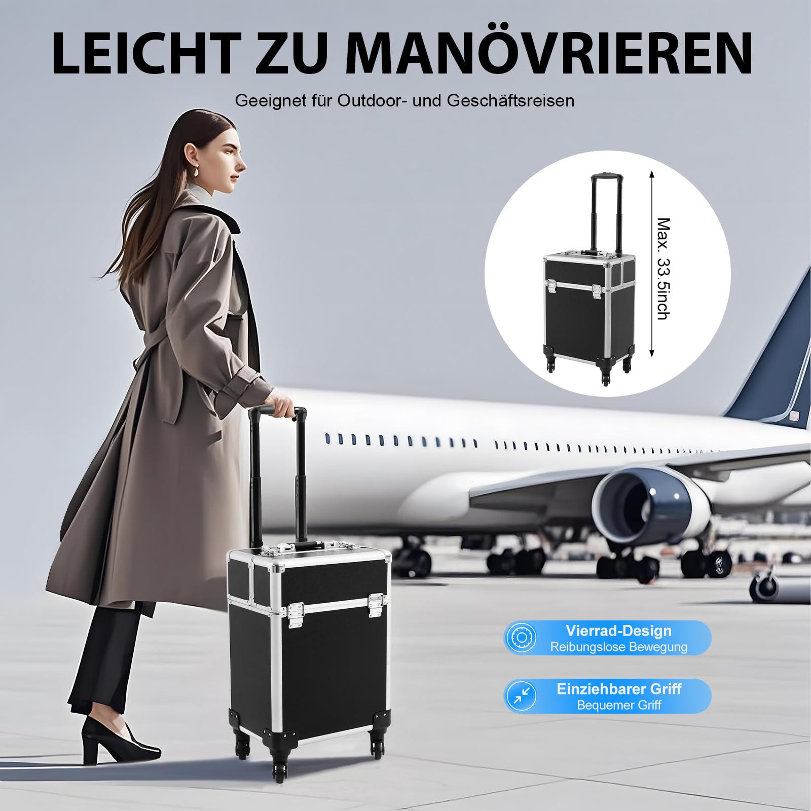 Kosmetikkoffer Trolley,Hartschale Schminkkoffer für Damen mit Rollen, Alu Beauty Case Nagelkoffer Multikoffer, Großer Stauraum & Robuste Konstruktion 34x24x47cm Schwarz