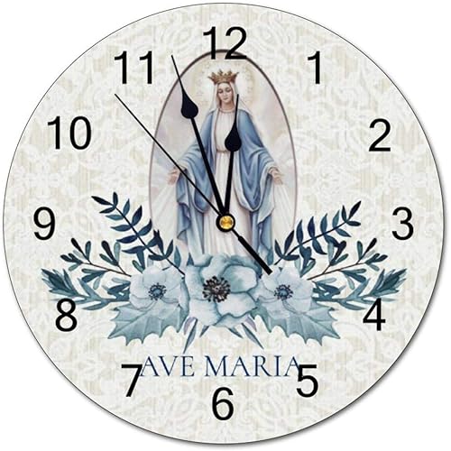 WUTAIN Reloj de pared de PVC con flores azules de la Virgen María, reloj de pared redondo de encaje para decoración de la oficina de la pared del