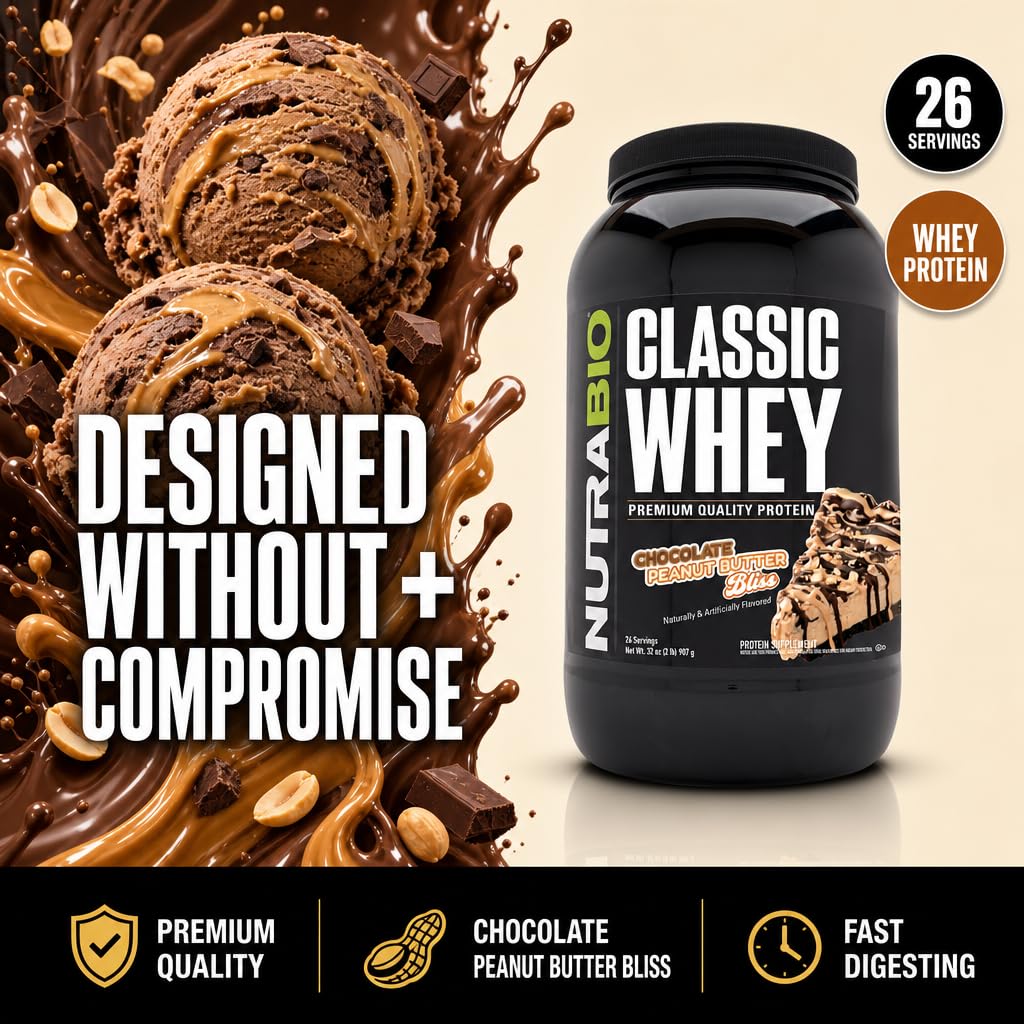 NutraBio Classic Whey Protein Powder- Full-Spectrum Amino Acid Profile - No Fillers, Artificial Colors, Preservatives - Low Glycemic Index - (Chocolate Peanut Butter, 2 Pounds) — Amazon image 3