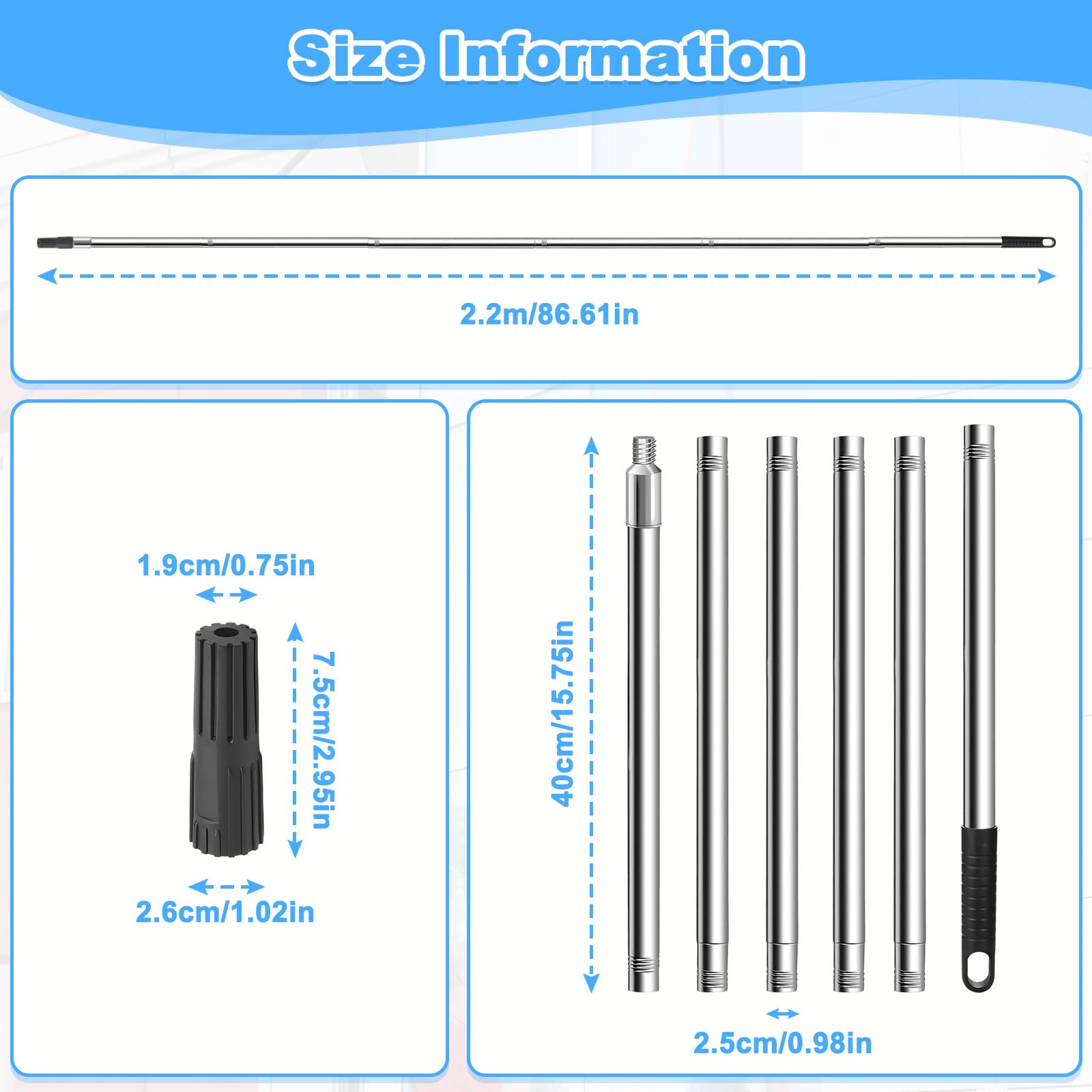 2.2M Kit Manche Telescopique avec Poignée PP, Perche Nettoyage Toiture Acier Inoxydable, Brosse Nettoyer Gouttière Extension, Canne Extensible Vitres 6 Segments pour Rouleau Peinture