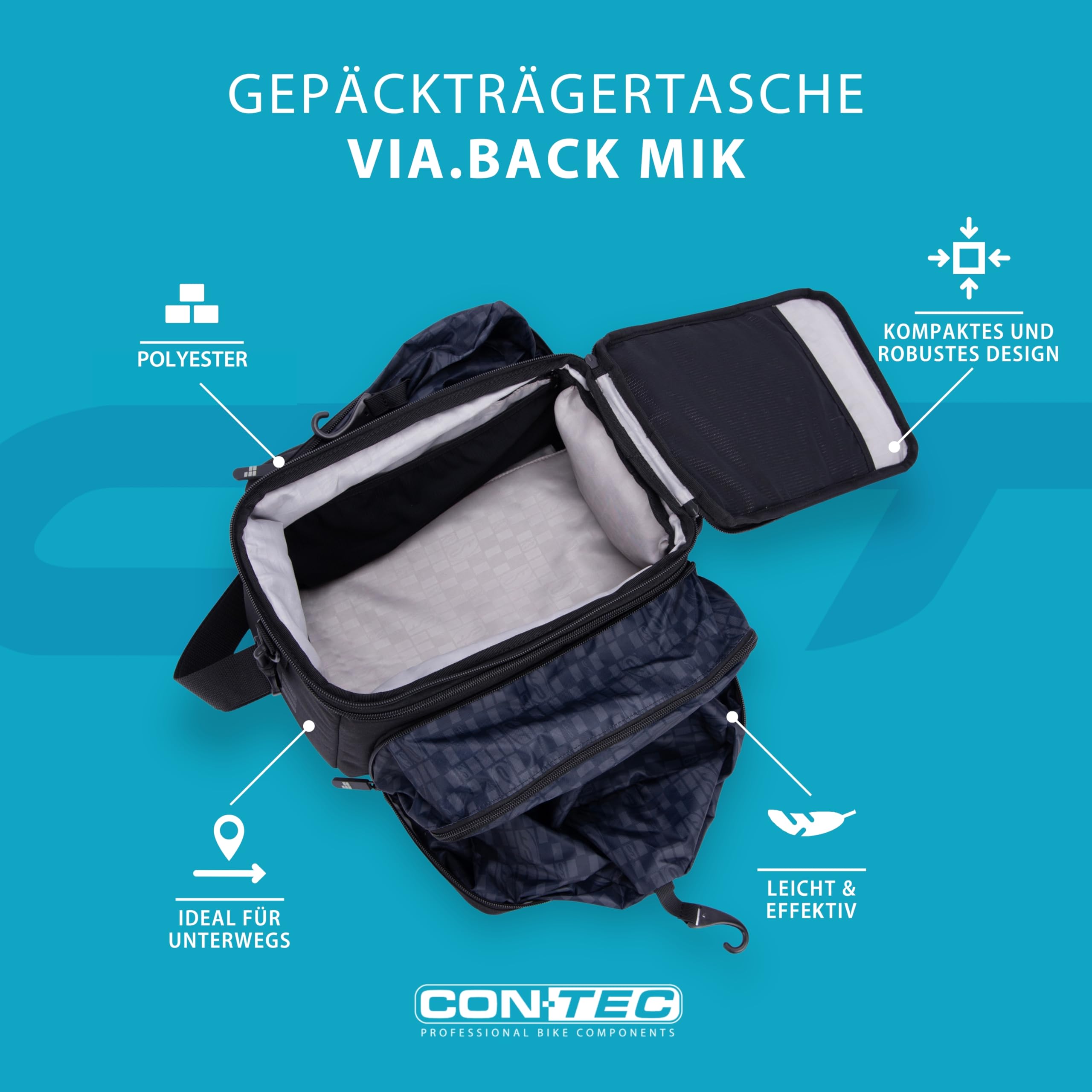 CONTEC Fahrrad-Gepäckträgertasche Via.Back MIK, vormontierter MIK Adapter, 32 L Volumen, mit Regenhaube, wasserabweisend, Verstellbarer Schultergurt, schwarz