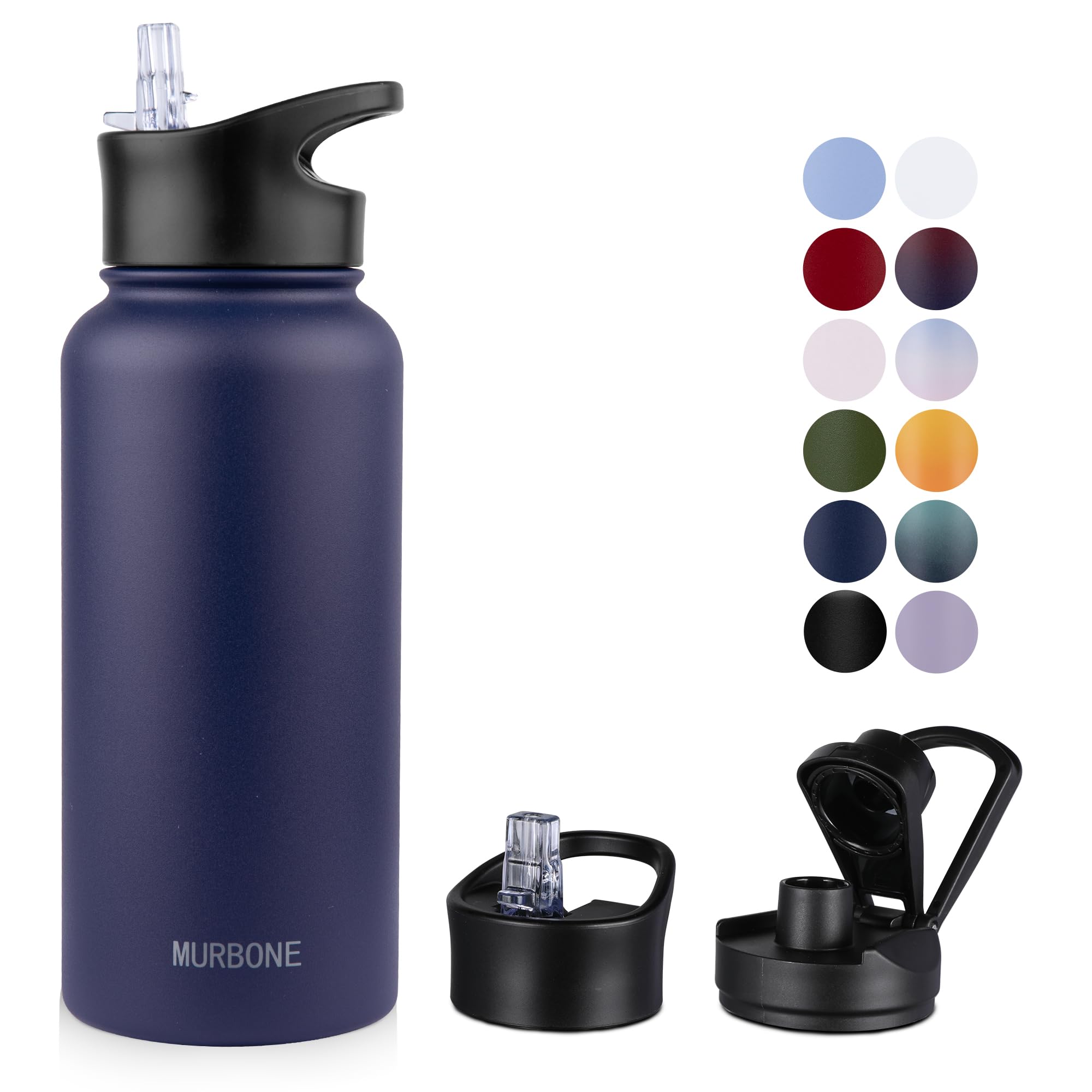 MURBONE Insulated Water Bottle, 1L Stainless Steel Drink Flask with Straw, BPA Free, Leakproof Double Walled Vacuum Bottle