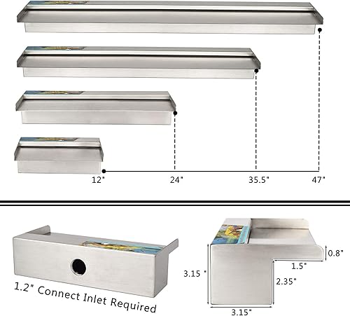 Miniatura 4 de YUDA Fuente de agua para piscina, cascada de acero inoxidable 304 con plataforma de flujo de agua más ancha, derrame de cascada profesional para