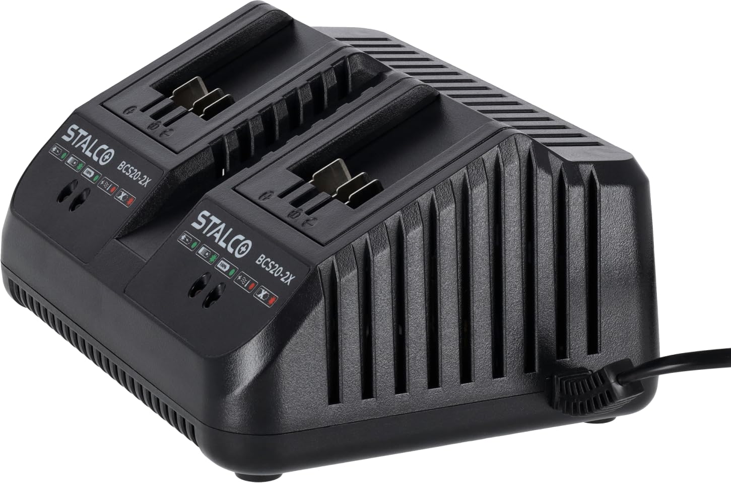 STALCO S-Volt BCS20-2X - Caricatore rapido 18-20V Li-Ion, 2 porte di ricarica contemporaneamente, 4A corrente di uscita, per batterie STALCO