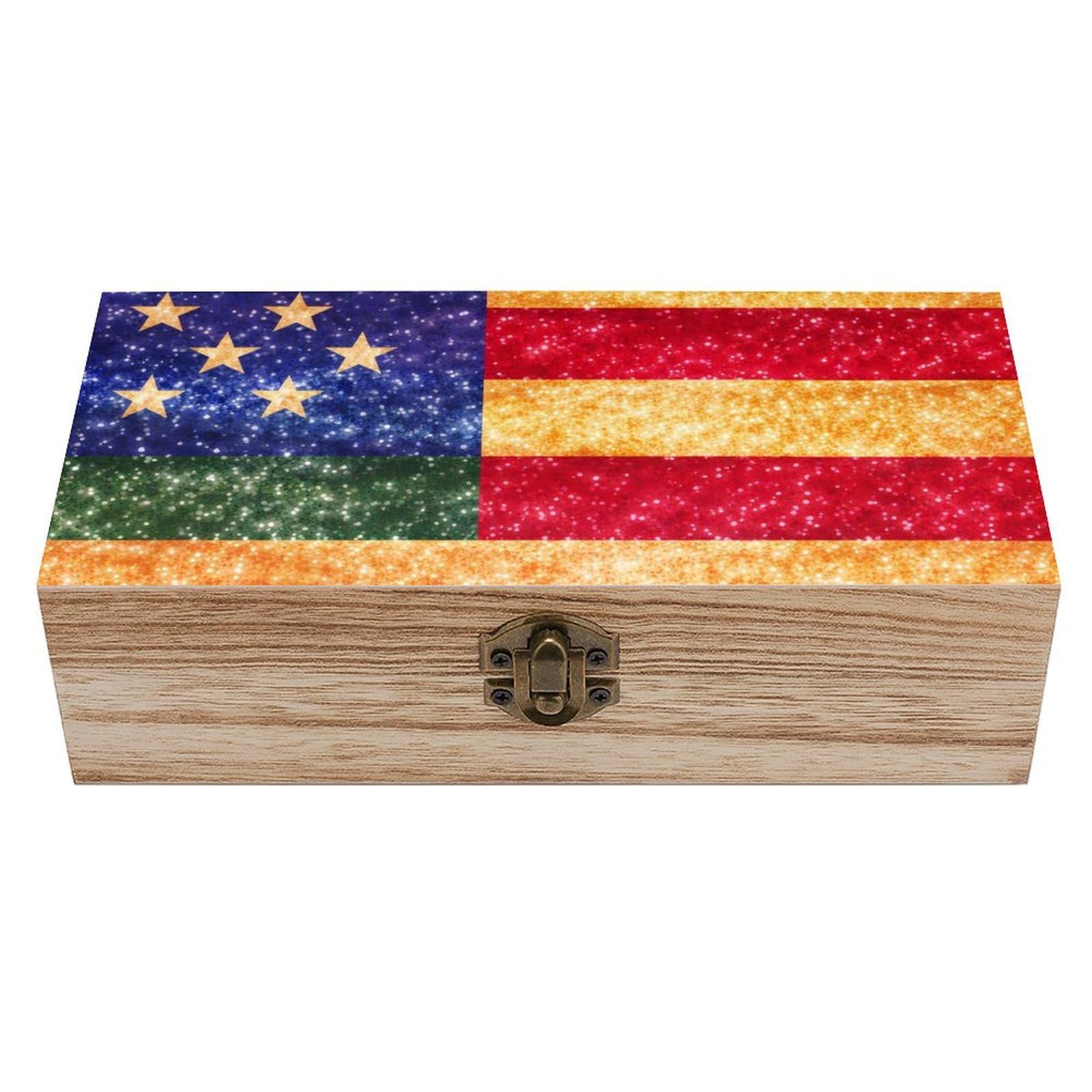 SMAZDFXX Rainbow Glitter US Flag Wooden Storage Box With Hinged Lid Decorative Front Clasp Keepsake Boxes