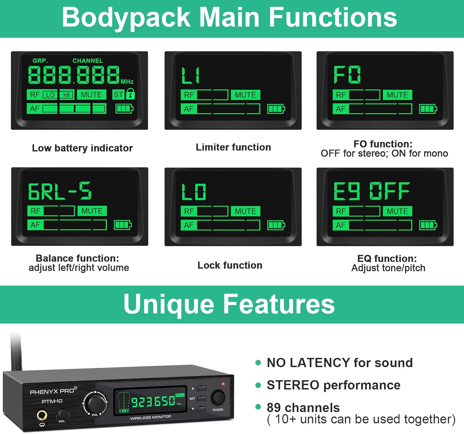 Phenyx Pro UHF Stereo Wireless in Ear Audio Monitor System, Selectable Frequency 900MHz Band, Rack Mountable, 160 ft. Operation, Ideal for Stage, Studio, Exhibit, Lecture, Speech (PTM-10) : Musical Instruments