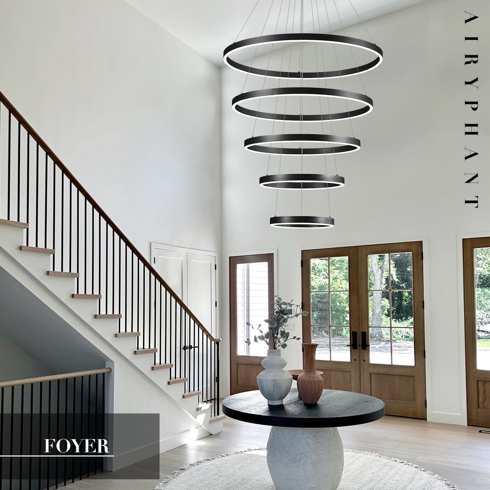 XGZL LIGHTING Modern 3-Ring LED Chandelier - Black, Dimmable, Remote Control, 31.5" Diameter - View #2