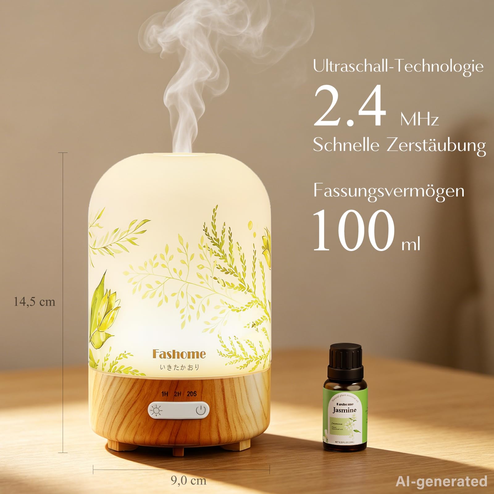 Aroma Diffuser 100ml Glas handgefertigt, Sommer-Edition Jasmin, Inkl. 10ml Jasmin-Öl, Ultraschall Diffusor für ätherische Öle, Leise Luftbefeuchter Warmlicht & Abschaltautomatik, Geschenk-Set