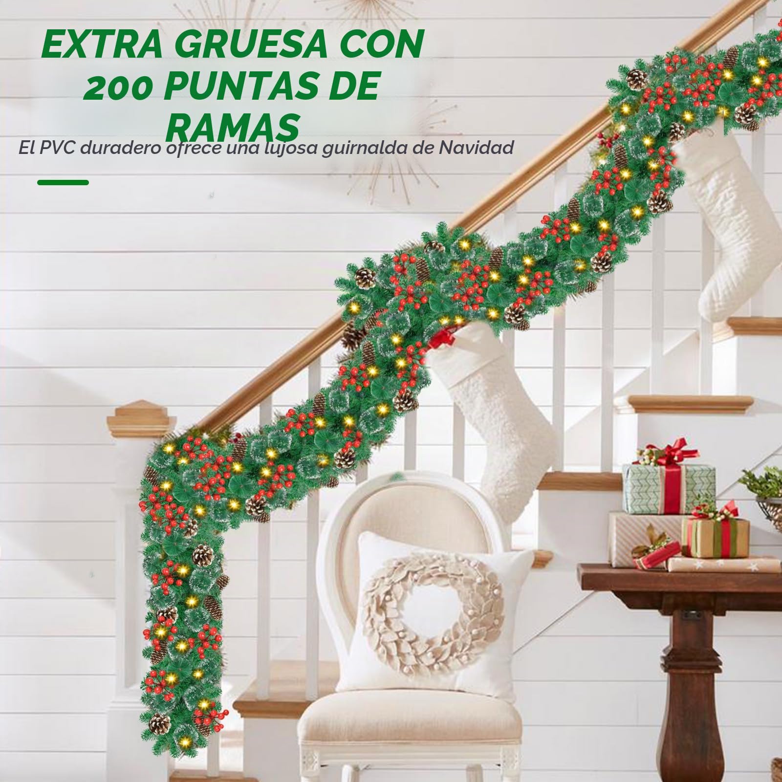 Timiyou Guirnalda Navidad 2.7M con Luces y 200 Puntas de Ramas - Impermeable, 30 LED y Temporizador Escaleras, Chimenea, Puerta y Decoración Interior/Exterior