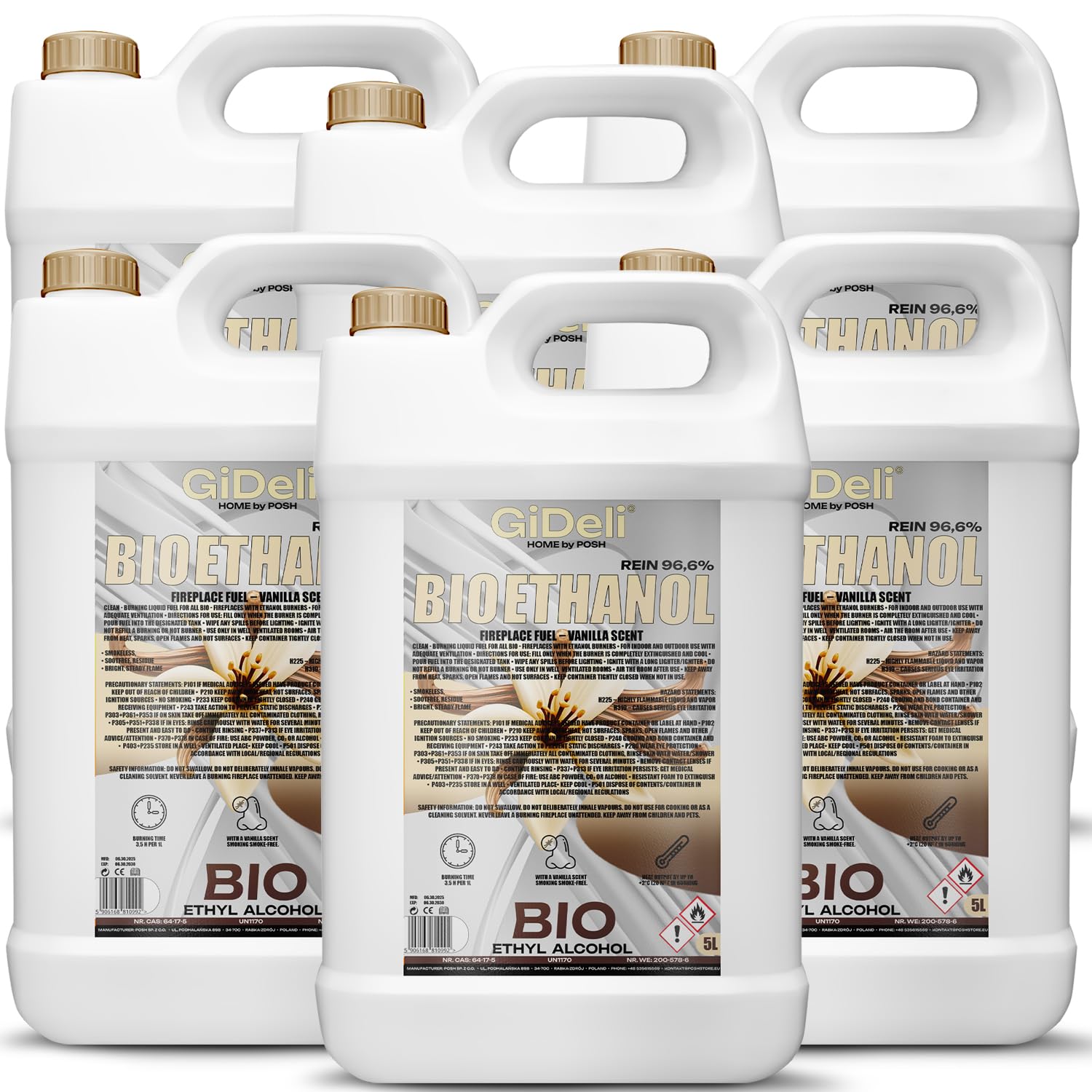 GiDeli Bioetanolo 6 x 5 l profumo di vaniglia 96,6% etanolo per camini interni ed esterni, senza fumo e fuliggine, da mais e barbabietola da zucchero