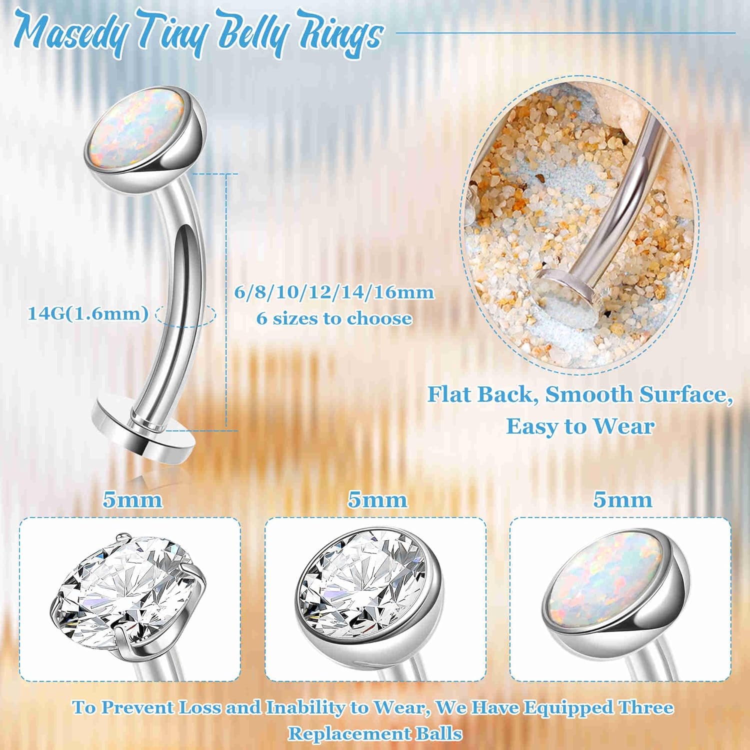 3PCS 14G Surgical Steel Floating Belly Button Ring for Women Petite Belly Rings CZ Opal Flat Back Small Navel Ring with 3PCS Replacement Balls Internally Threaded Tiny Belly Piercing 6-16MM - Image 2